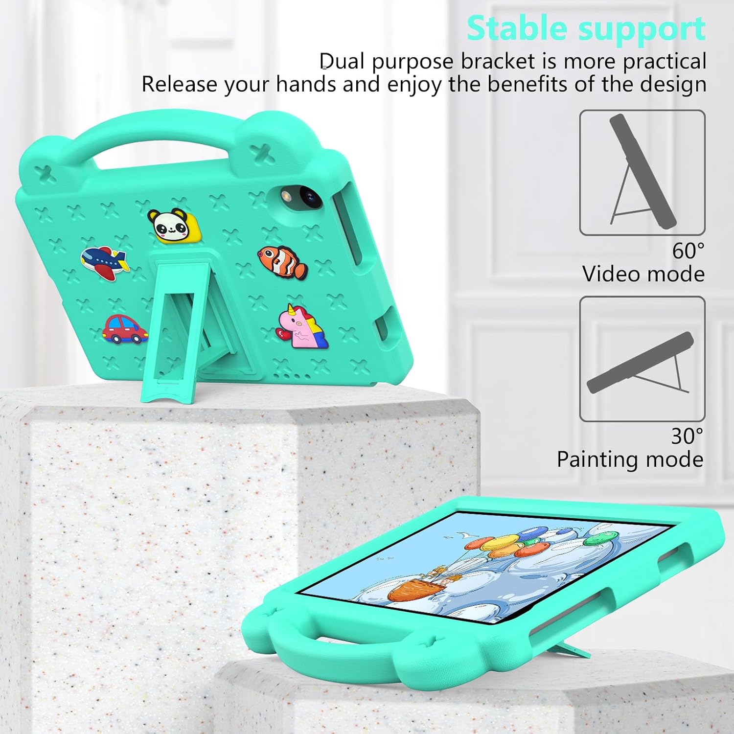 Kids Case for Urao C107/Jeazans OC101/C107 Android 14 Tablet 10.1 Inch 2024, DIY Cartoon EVA Foam Protective Handle Stand Cover for Urao 10.1 Inch Tablet - Mint image 4