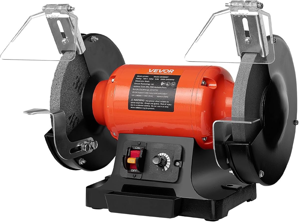 VEVOR Bench Grinder, 8-inch Variable Speed Bench Grinder, 2000-3450RPM Table Grinders with 550W 5.0A 3/4Hp Induction Motor, 36/60-Grit Grinding Wheel & Adjustable Eye Shield for Sharpening Grinding