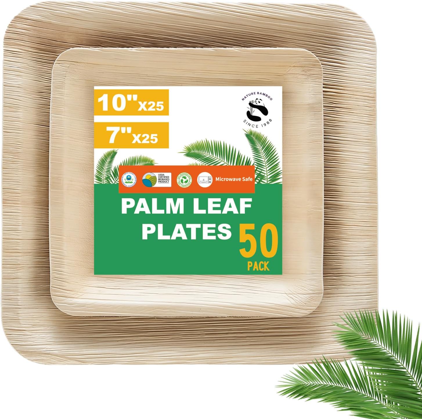 Premium Palm Leaf Disposable Plates – 50pc Square Set: 25pc 10” and 25pc 7”, Heavy-Duty, Microwave Safe, Natural Alternative to Plastic, Ideal for Parties, Weddings, Events, and Everyday Use