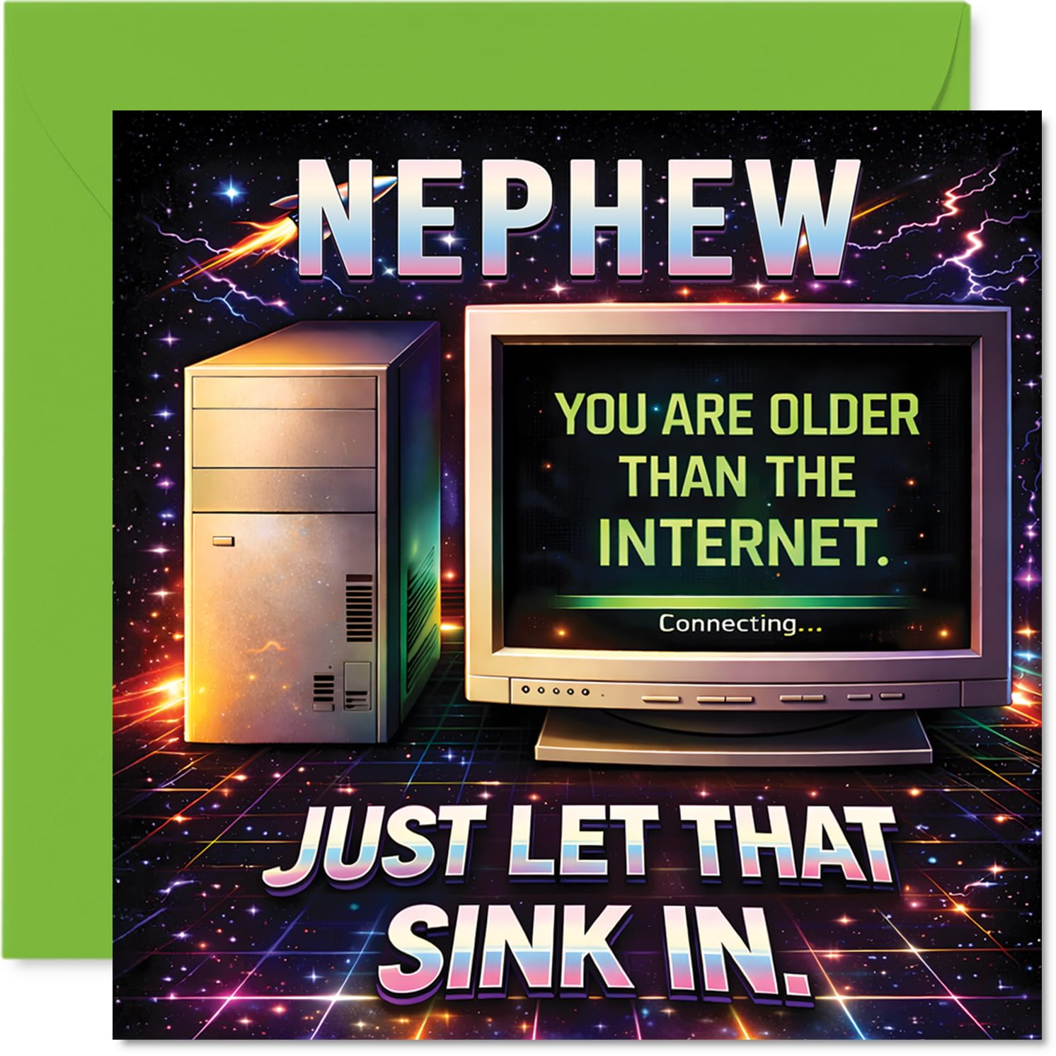 Funny Birthday Card for Nephew - Let That Sink in - Retro Computer Theme with Bold Colours and Playful Age Joke - Perfect for Tech-loving Nephews - 145mm Square, Envelope Included