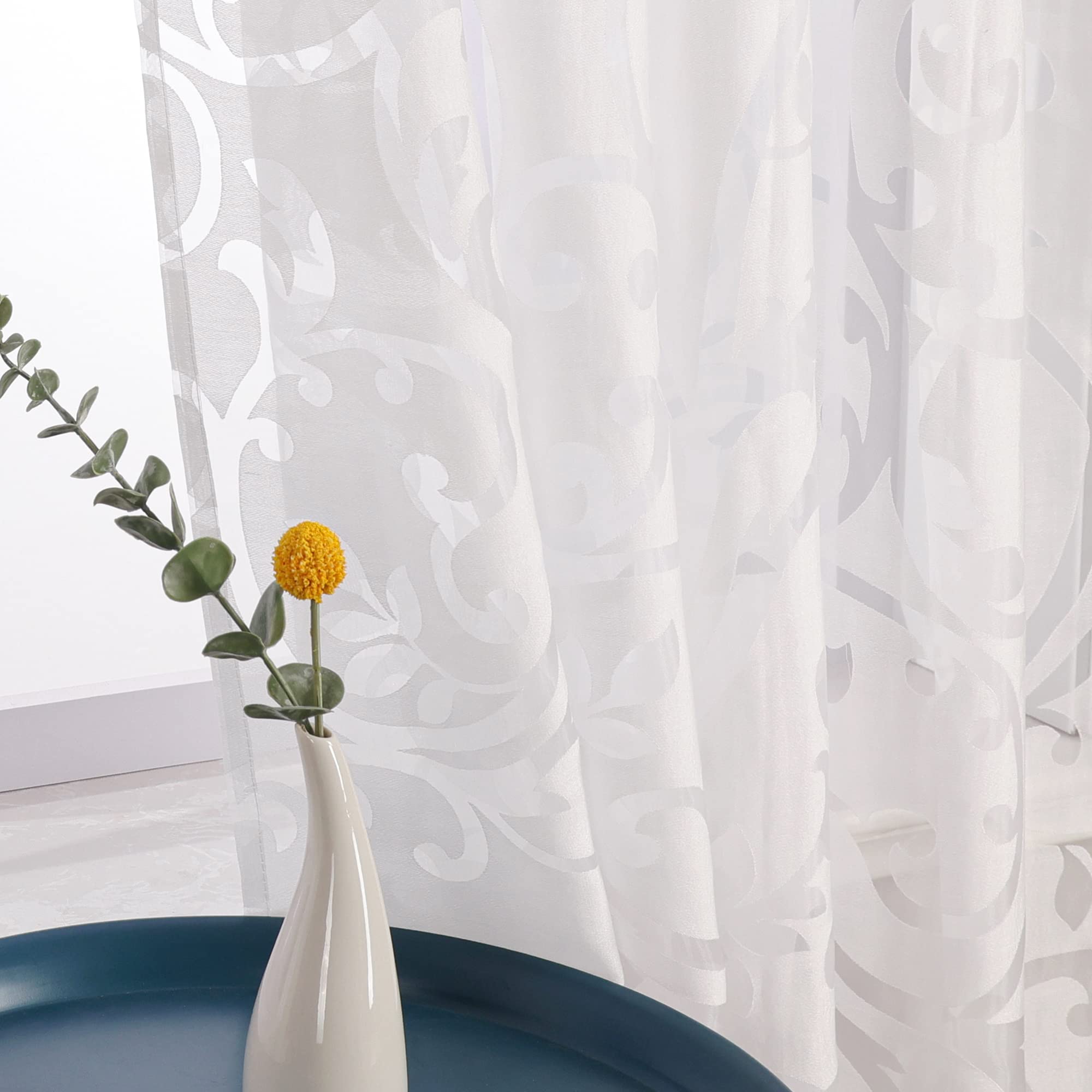 Delien Voile Curtain with Tendrils Design Transparent with Ruffle Tape 140 x 245 cm White, White Tendrils With Ruffle Tape - Image 3