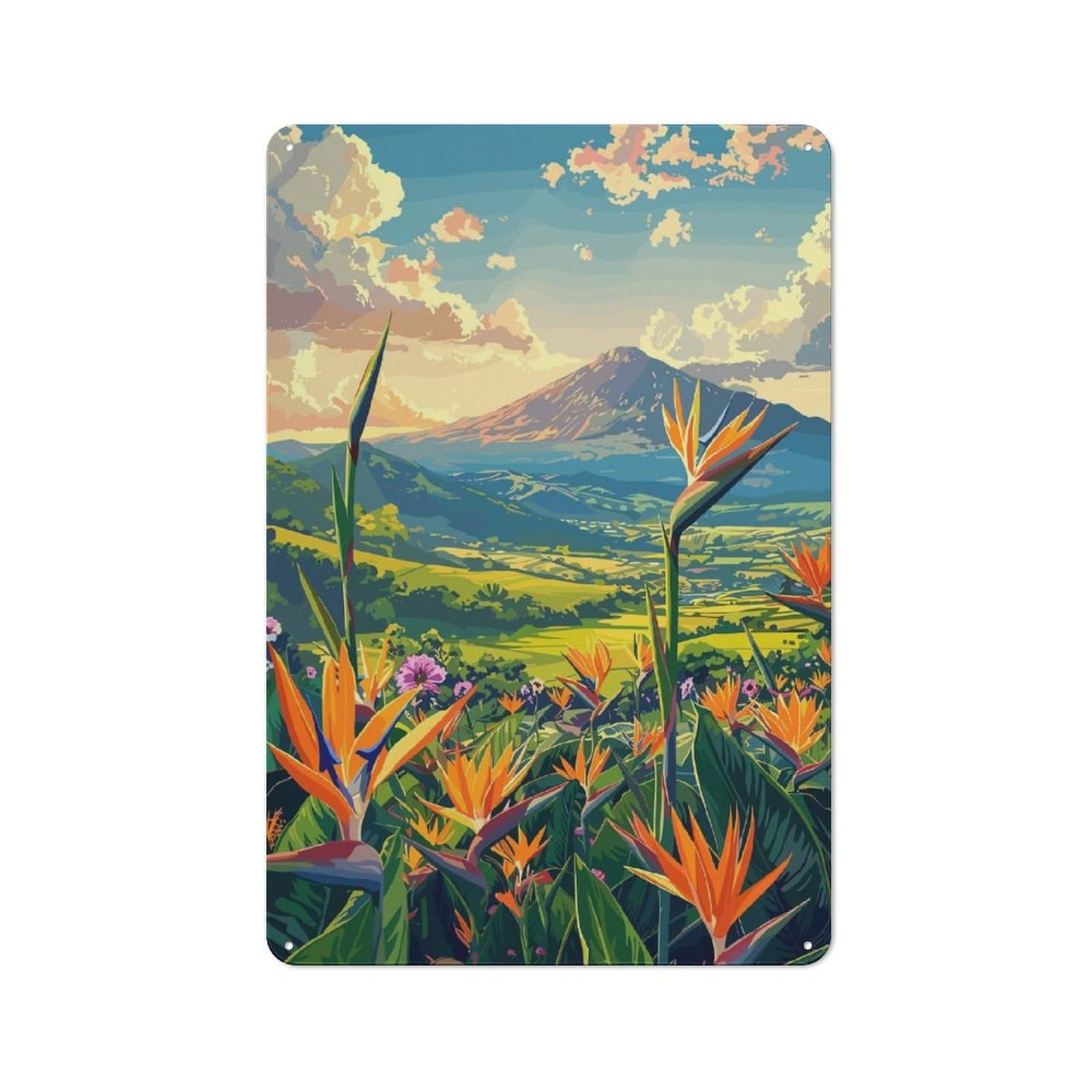 Junmoney Style-5 Urban Mountain View With Bird Of Paradise Decorative Metal Plaque 30X20cm, Urban Room Decor For Flat, Bar, Studio Or Gallery Wall
