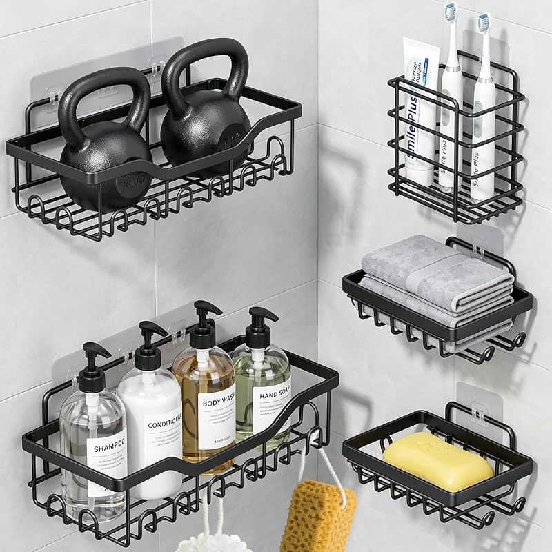 Fammart Adhesive Shower Caddy, 5-Pack Rustproof Stainless Steel Bathroom Organizer with 28 Hooks, No-Drill Large Capacity Shower Shelves for Bathroom Storage & Home Décor, Black