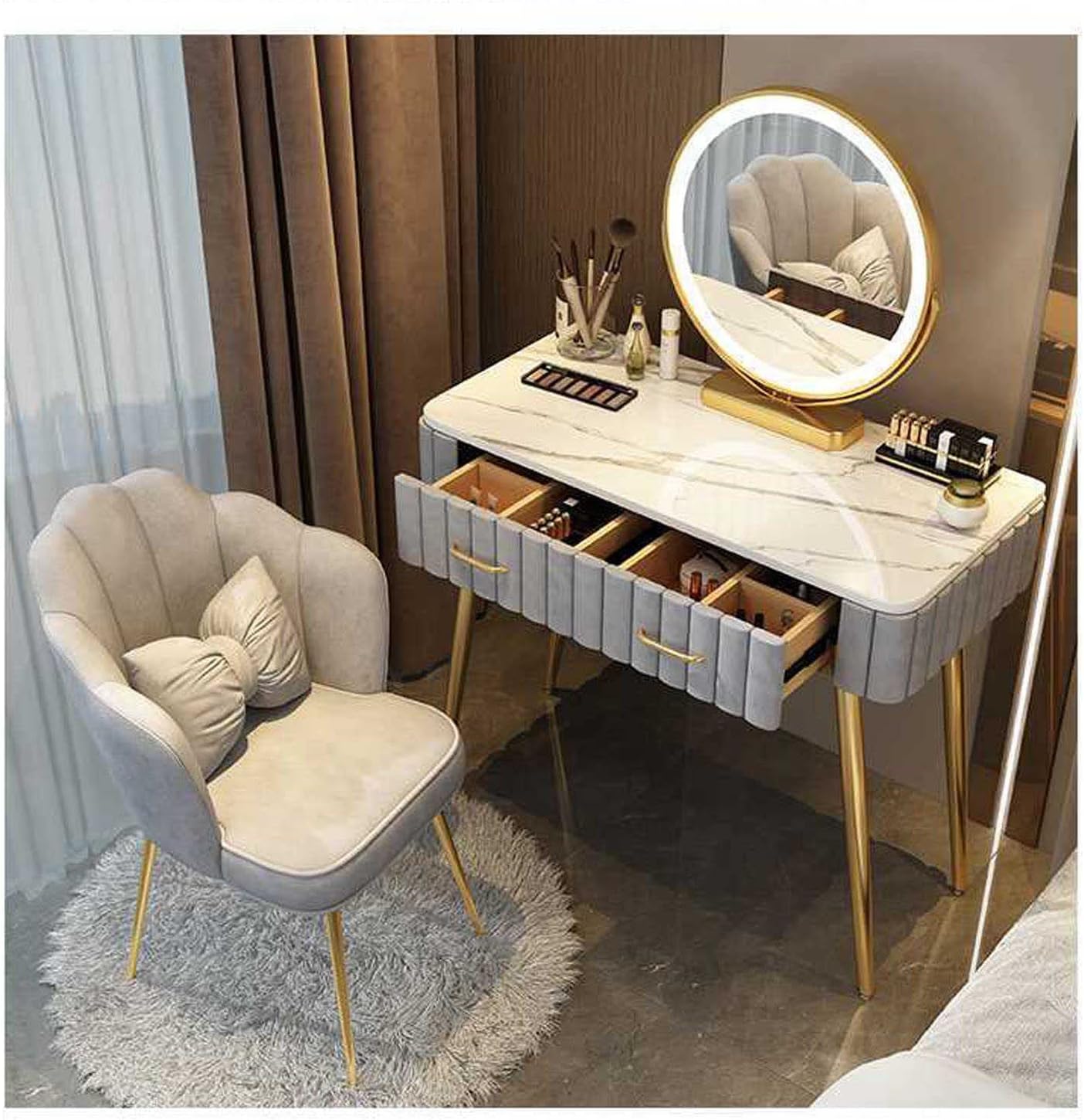 Lighted Makeup Vanity Desk with Drawers and Stool for Women Girls - Bedroom Vanities Set with ...