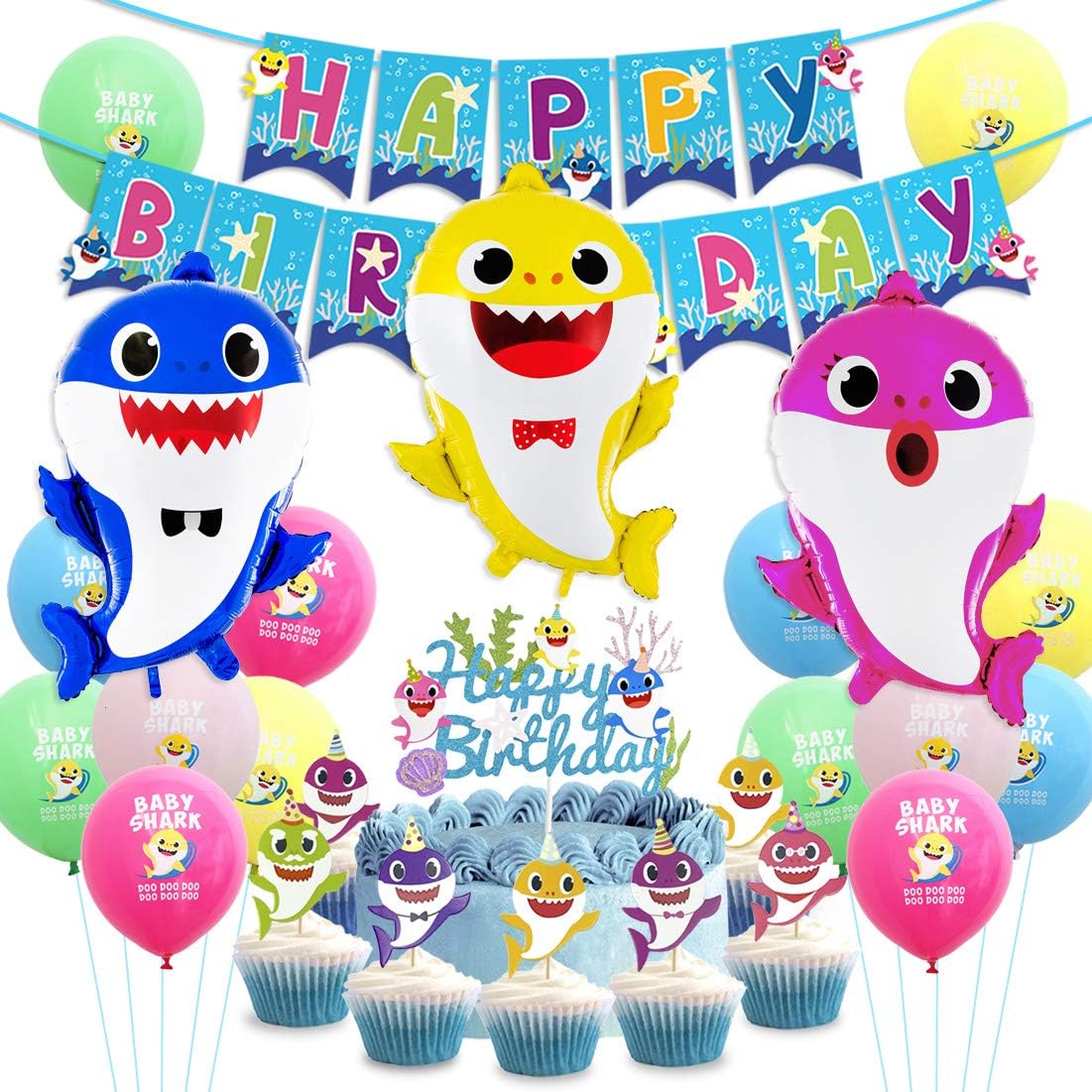 Kreatwow Shark Party Supplies Birthday Decorations Shark Balloons Cupcake Topper Happy Birthday Banner for 1st 2nd Birthday