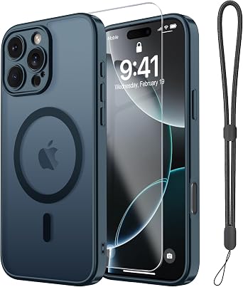 Magnetic Case for iPhone 15 Case with Screen Protector+Wrist Strap | Compatible with MagSafe,Full Camera Protection,Slim Translucent Matte Phone Cover,Navy Blue