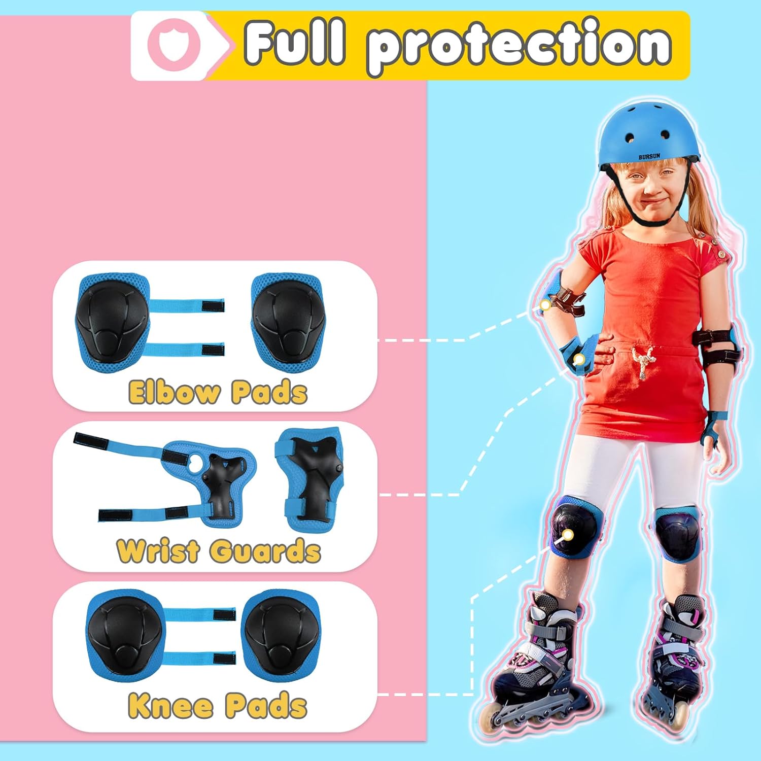 Knee Pads for Kids Toddler Knee Pads and Elbow Pads Set Kids Protective Gear Set with Wrist Guards 3 in 1 Kids Knee Elbow Pads for Cycling Skating Bike Rollerblading Scooter, 3-14 Years Blue S:(3-7 years)