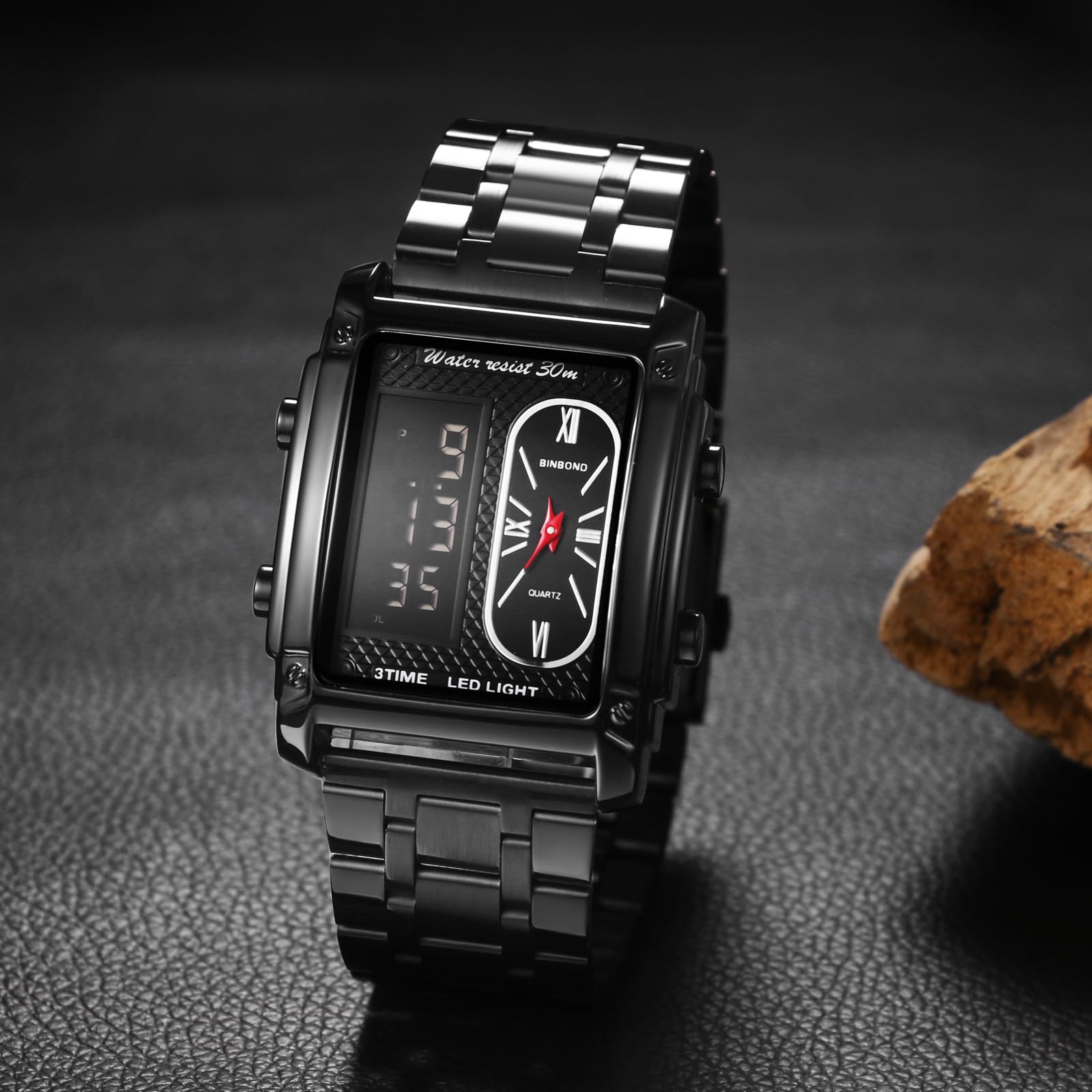 JewelryWe Herrenuhr Chronograph Multifunktional Uhr 30m Wasserdicht Militär Analog Digital Armbanduhr Herren Edelstahl Rechteckig Digitaluhr Sport Uhr mit LED Multizeit Kalender Wecker Stoppuhr