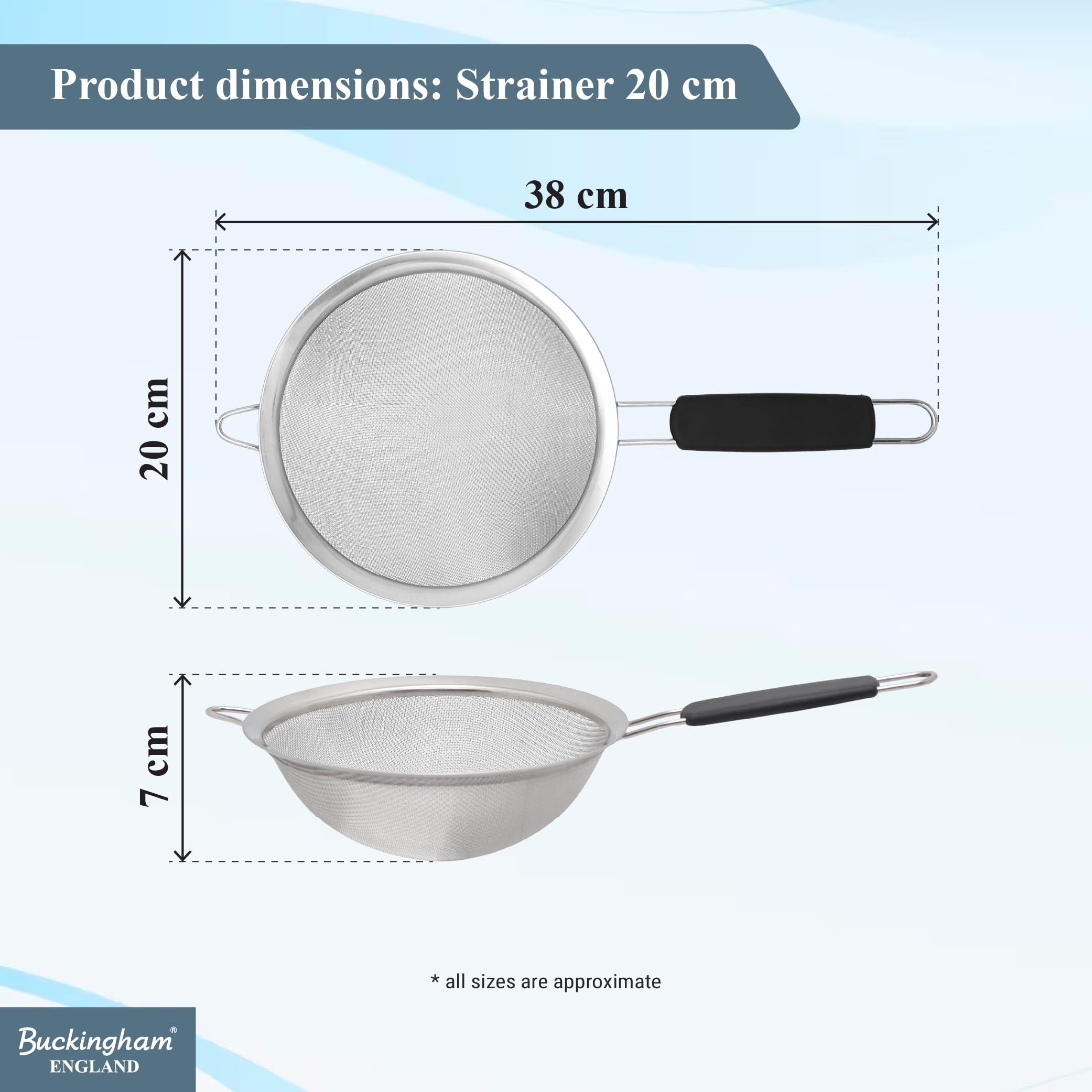 Buckingham Feinstampfer aus Edelstahl mit schwarzem flachem Griff (20 cm)