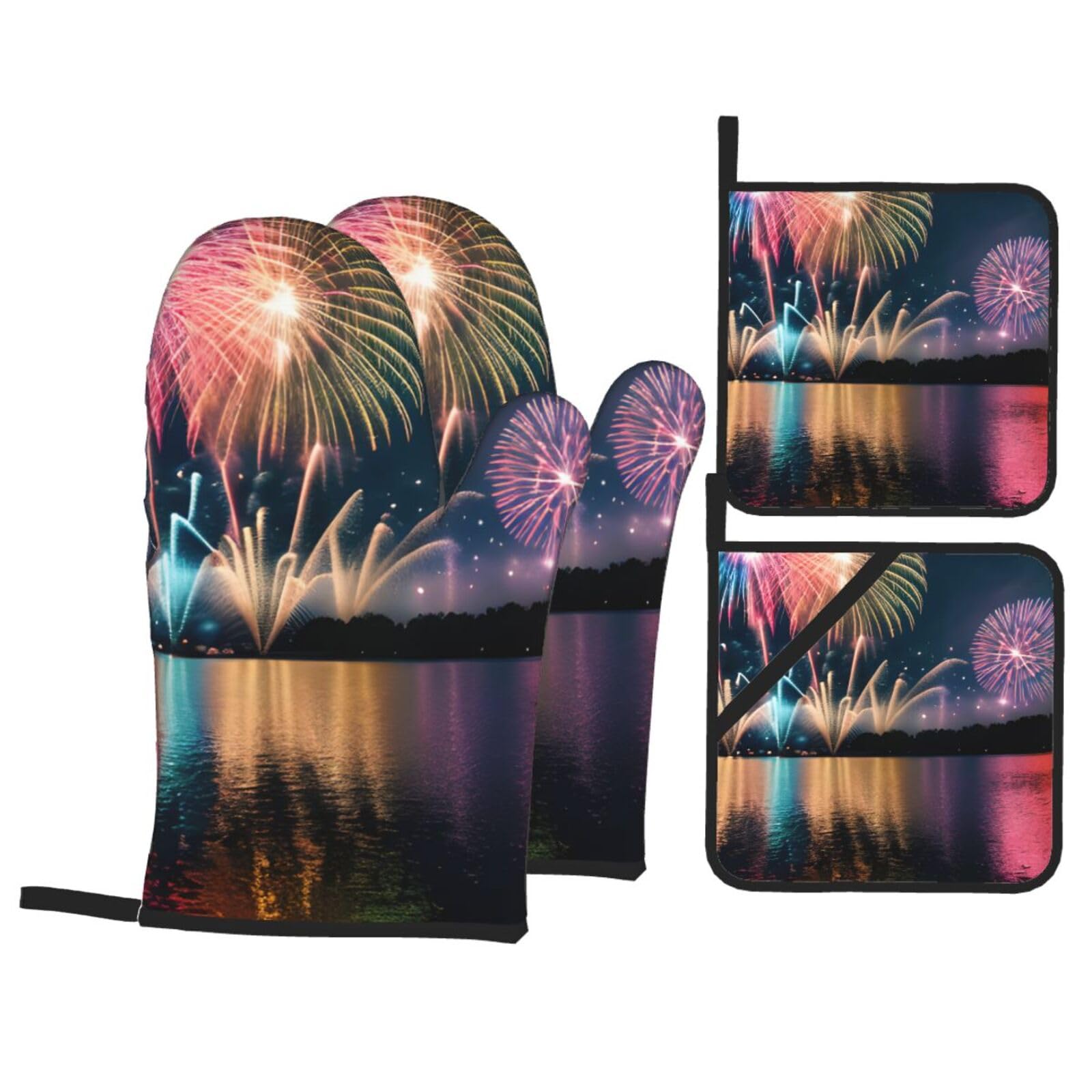 Fireworks Print 4-Piece Oven Microwaving Set Waterproof Kitchen Gloves for Baking Grilling Cooking
