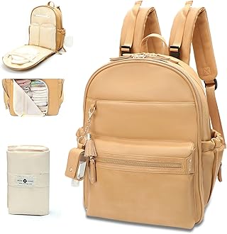Leather Diaper Bag Backpack Baby Diaper Bag with 16 Pockets Baby Bag with Hand Sanitizer Holder, Changing Pad, 2 Insulated Pockets(Peanut)