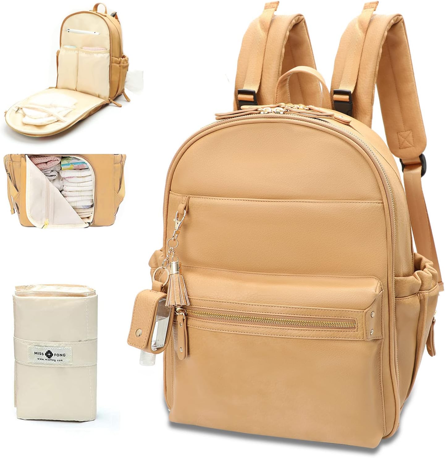 miss fong Leather Diaper Bag Backpack Baby Diaper Bag with 16 Pockets Baby Bag with Hand Sanitizer Holder, Changing Pad, 2 Insulated Pockets(Peanut)
