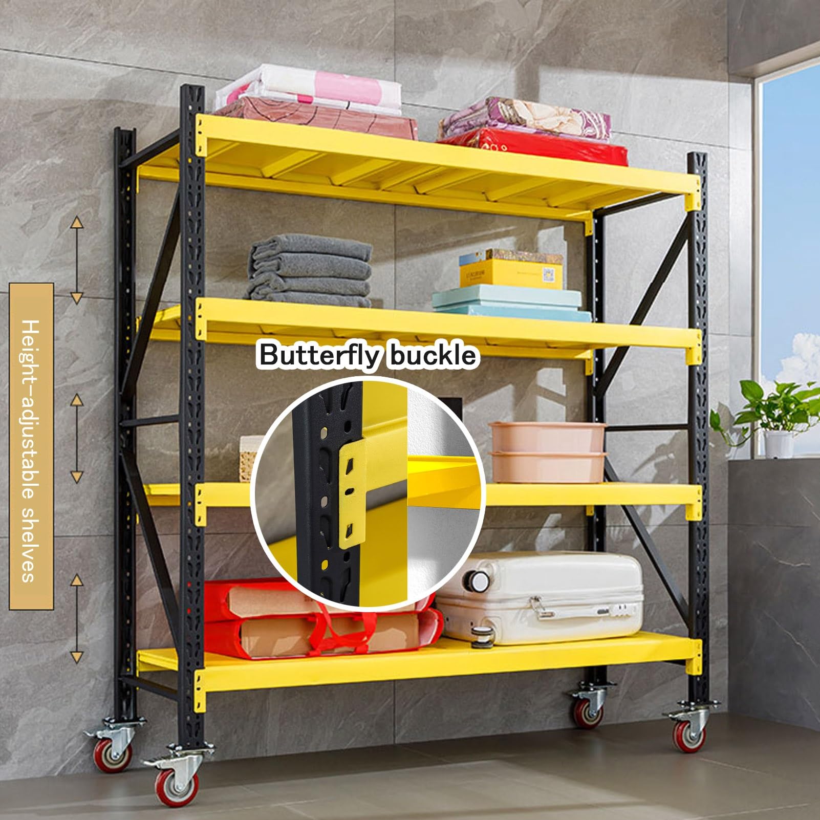 Scaffali in metallo resistente con ruote, scaffalatura regolabile in acciaio per ufficio, casa, garage