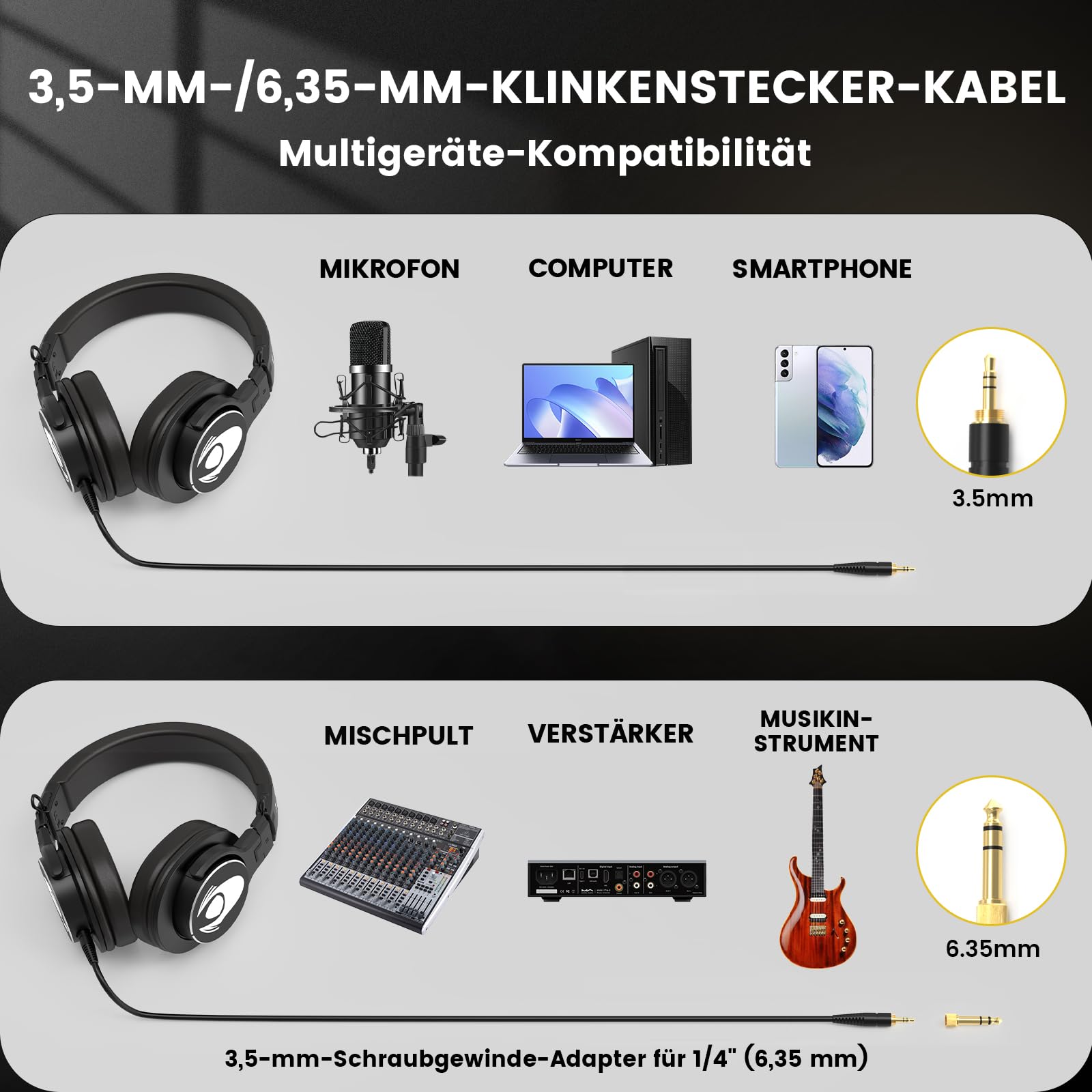 talomen W50X Over Ear Kopfhörer mit Kabel,HiFi Stereo Kopfhörer mit 50 mm Lautsprecher,Musik Kopfhörer mit 3m langem Kabel,3.5mm Klinke,6.35mm Adapter,für Studio,Podcast,Monitor, Handy,PC