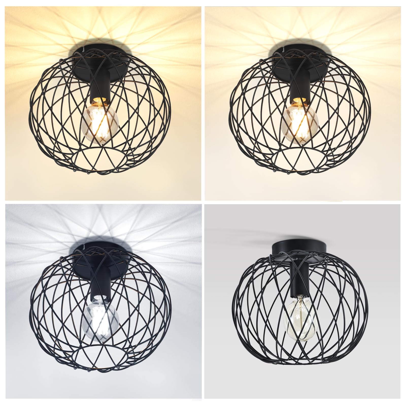 Glitzerlife Lampa sufitowa czarna lampa do korytarza industrialna 3ER | Lampa sufitowa E27 Vintage 1 płomień okrągły retro metalowy klosz lampa w kształcie klatki kratka jadalnia salon kuchnia