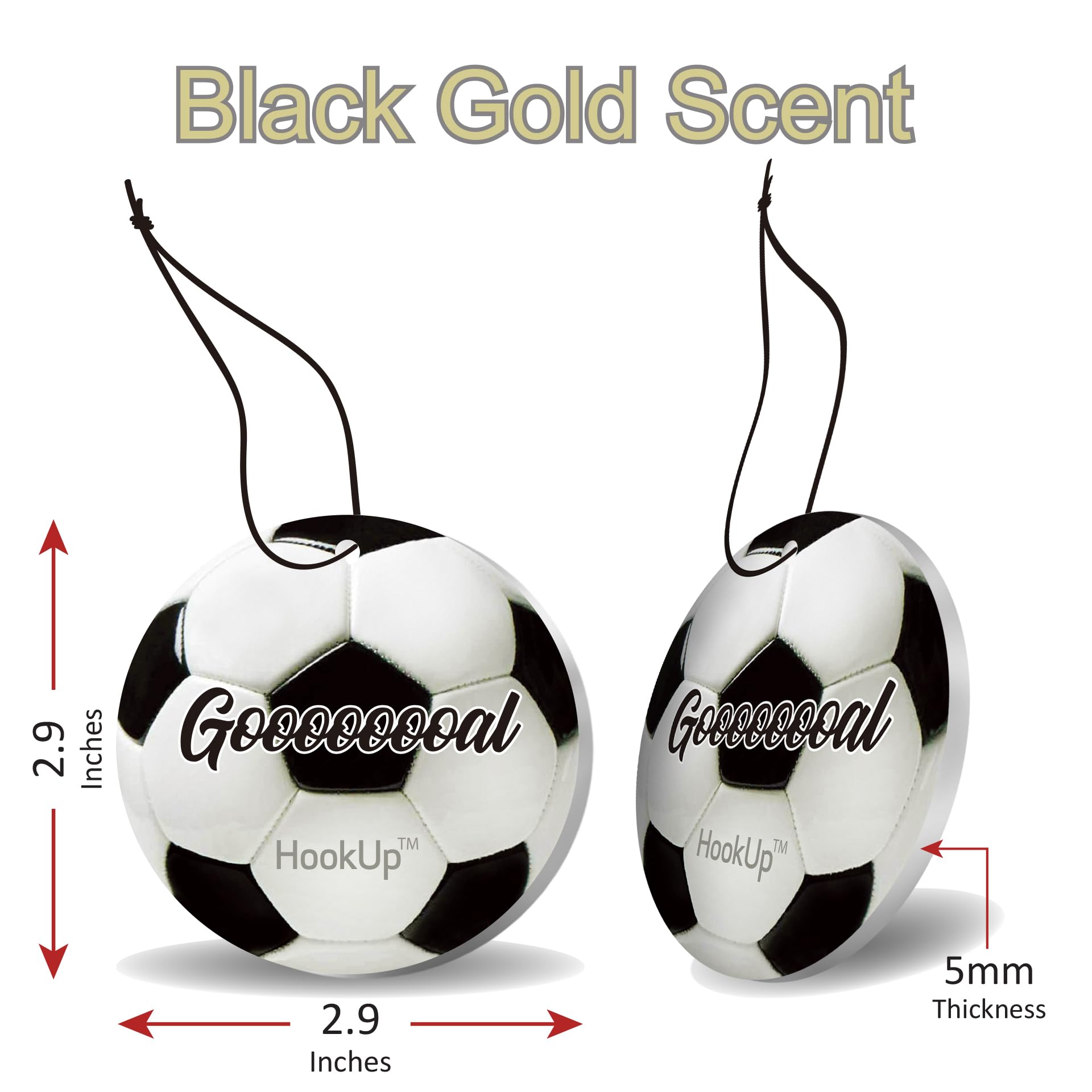 Soccer Car Air Freshener by HookUp - 2 Pack - Black Gold Scent (Extra Strong) | Unique Soccer Gift for Players, Coach, Fans | Hanging Car Accessory with Long Lasting Fresheners Smell