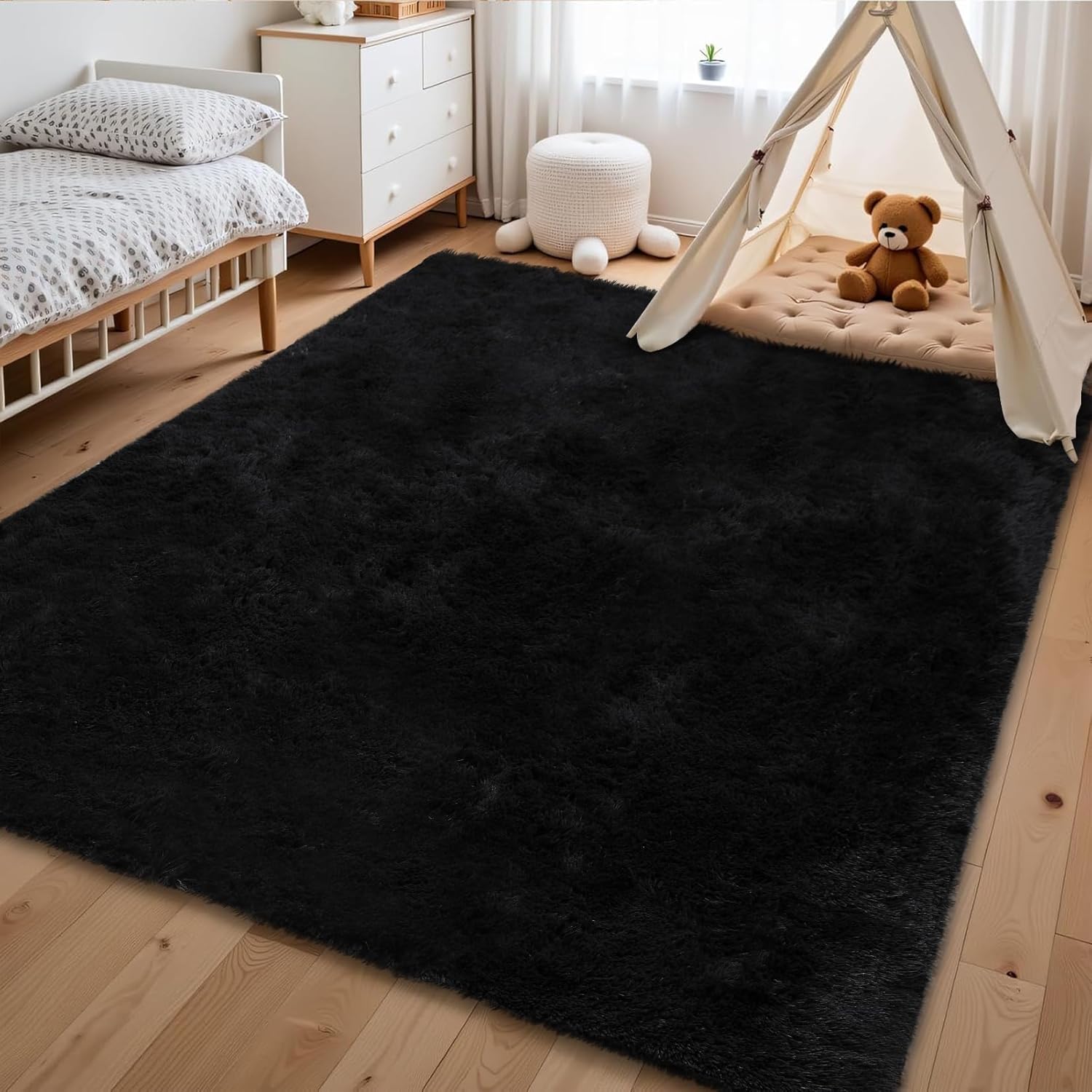 GarveeHome 5x8 Fluffy Area Rug- Shag Area Rug for Living Room, Shaggy Large Indoor Thick Living Room Carpet with Non-Slip Backing, Soft Plush Fuzzy Carpet for Bedroom, 5x8, Black