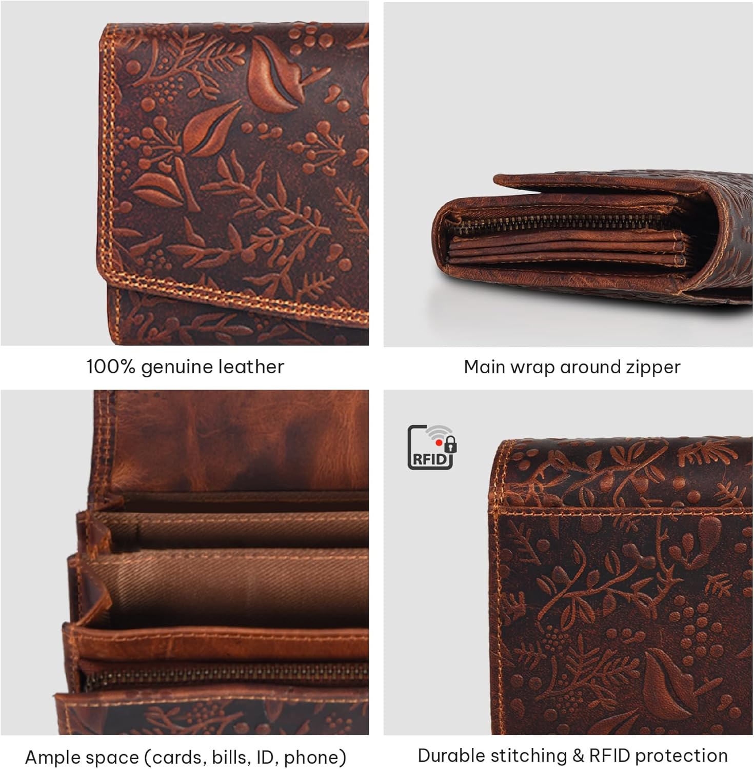 VALENCHI Women's Leather Wallet - RFID Blocking Wallet - Ladies Clutch Hand Purse With Card Holder Slots (Cognac Vintage LW03) - Image 4