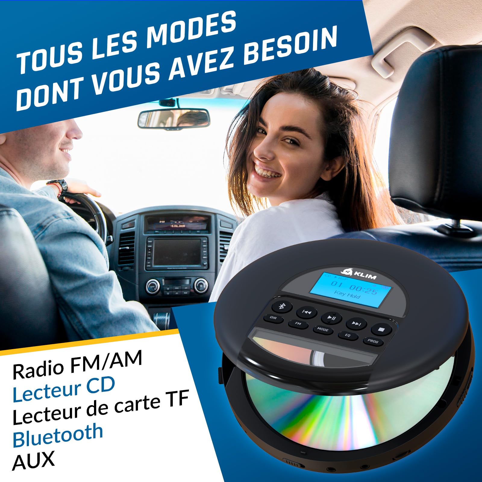 KLIM Nomad Lecteur CD Portable - Batterie Intégrée Longue Durée - avec Écouteurs - Compatible CD-R, CD-RW, MP3-16GB TF Card - Bluetooth Baladeur Lecteur CD pour Voiture, Maison, Extérieur - Noir