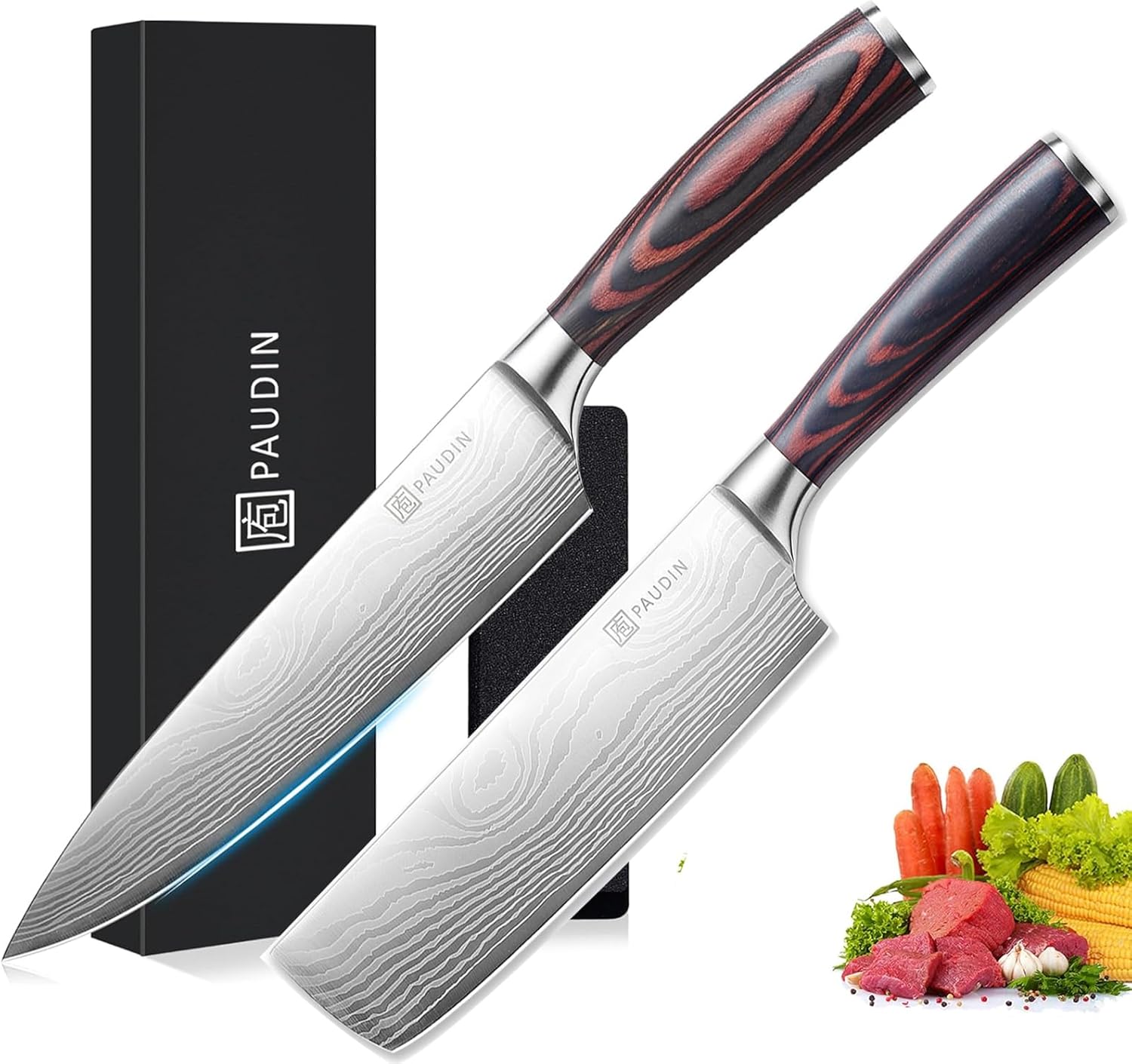 PAUDIN 7" Nakiri Knife + 8" Chef Knife: One for Cutting Vegetables, One for Cutting Meat