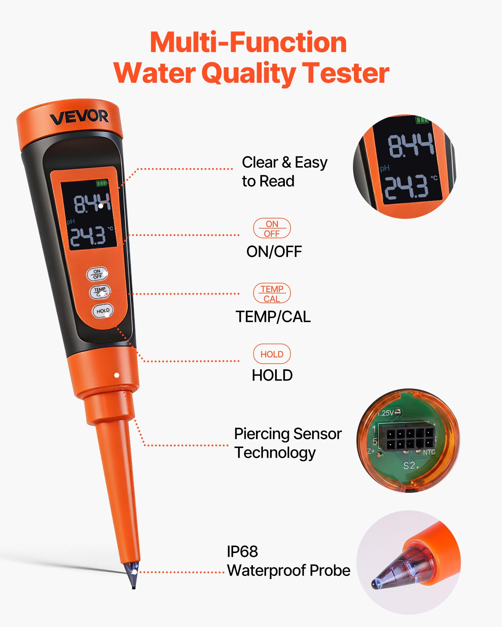 VEVOR pH-Meter für Lebensmittel, Messbereich 0–14, Wasserdichte Sonde (IP68), Messgerät mit Automatischer Temperaturkompensation, Kalibrierpulver, für Lebensmittelfermentation, Teig & Fleisch