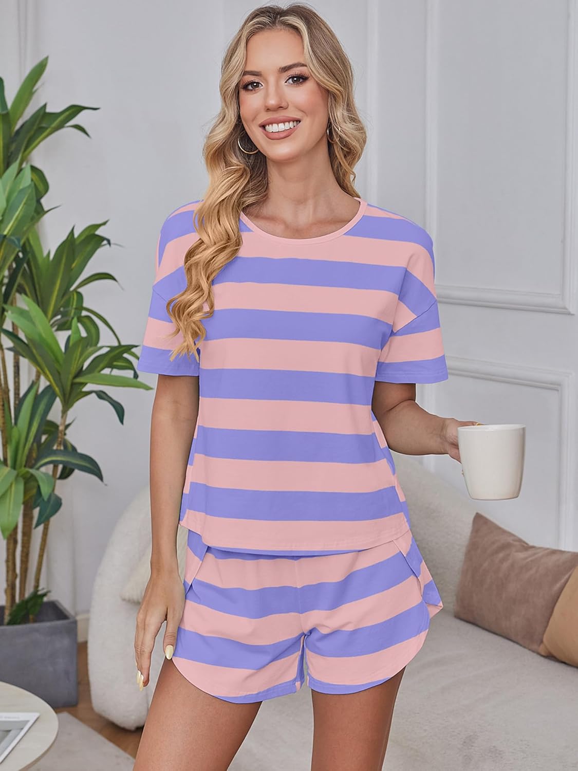 ANRABESS Womens Striped Pajamas Sets 2026 Summer 2 Piece Lounge Matching Short PJ Set Side Split Spring Sleepwear Outfits - Image 2