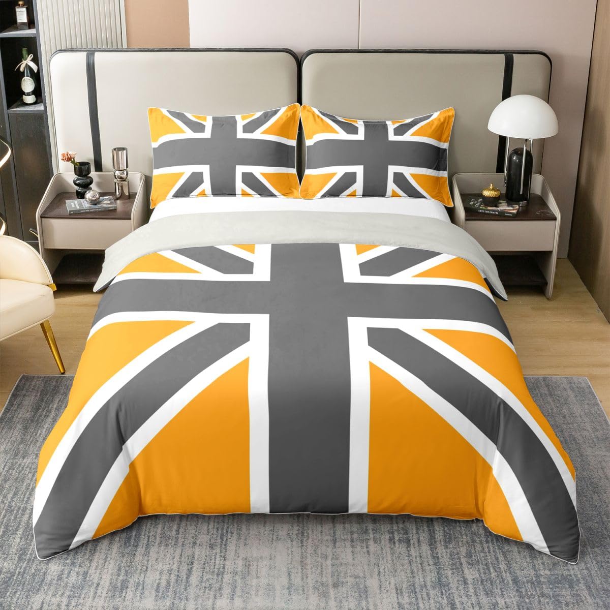 Homewish Yellow Grey Union Jack Cotton Super King Duvet Cover 3 Pieces
