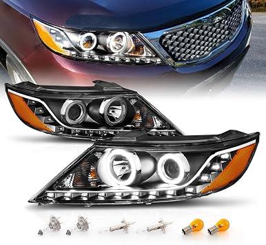 AmeriLite for 2011-2013 Kia Sorento Black Projector Headlights Xtreme Bright LED Halo Ring Set - Passenger and Driver Side