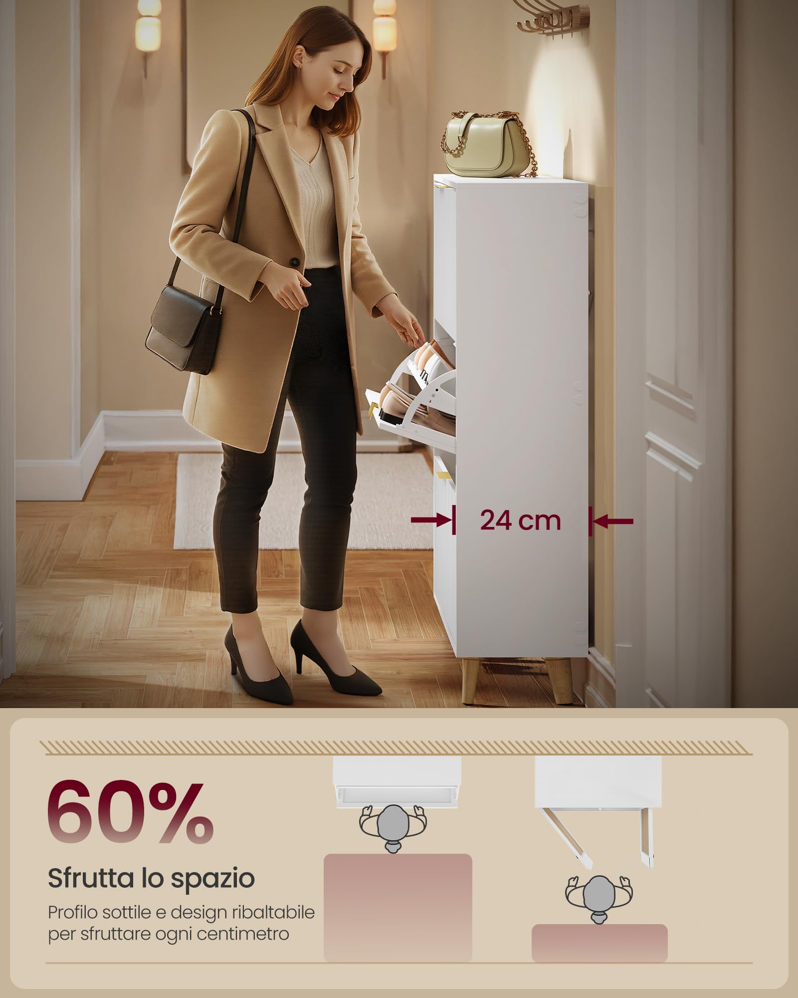 VASAGLE MAXE Collezione - Scarpiera con 3 Ribalte, Mobile Portascarpe Stretto Autoportante per Ingresso, con Ante Scanalate, per 18-24 Paia, Stile Moderno di MetàSecolo, Bianco Nuvola HSC302WB02