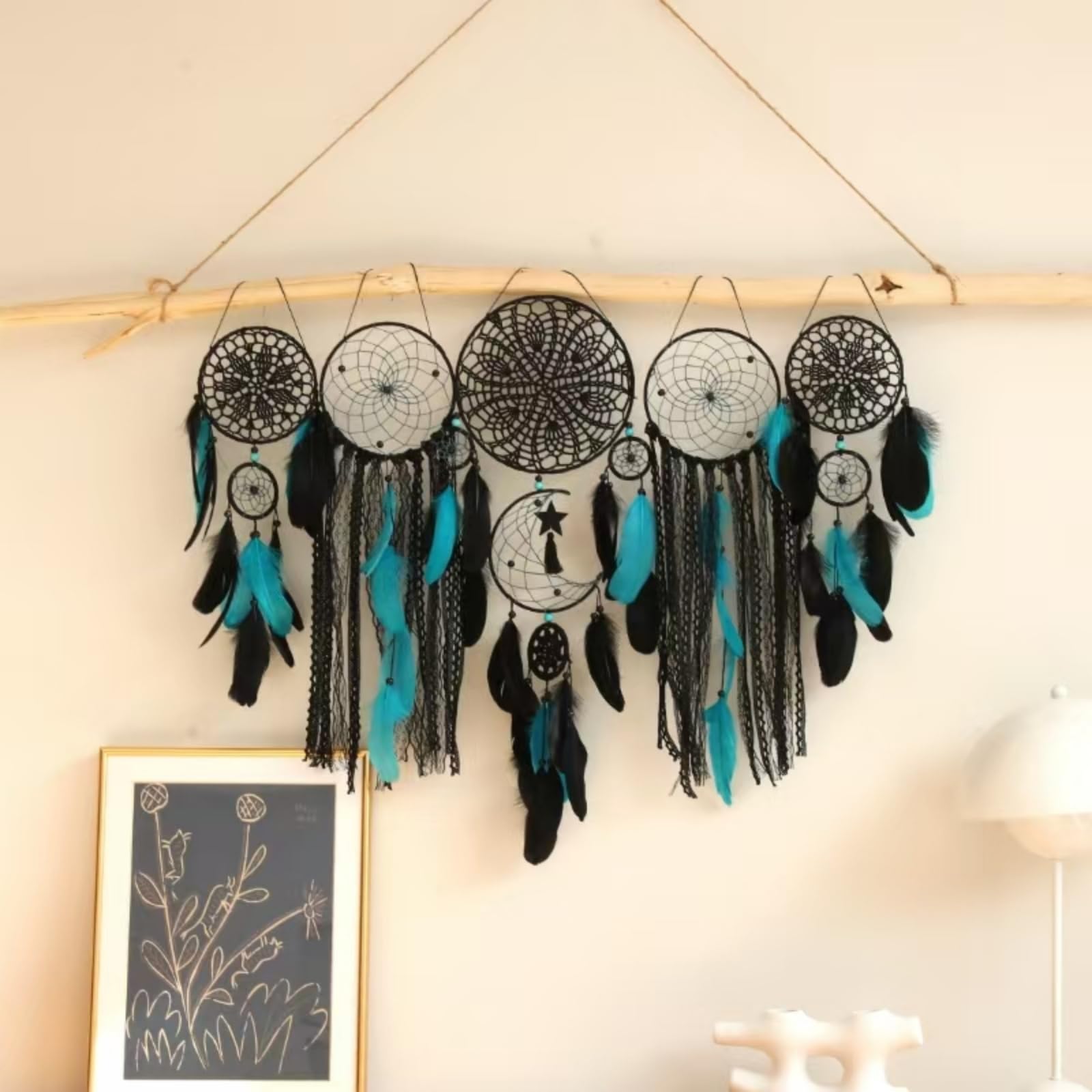5 Pack Moon Phase Dreamcatcher Set Boho Wall Decor, Boho Macrame Wall Hanging Dream Catchers, for Home, Bedroom, Living Room, Witchy Gifts (Black Blue