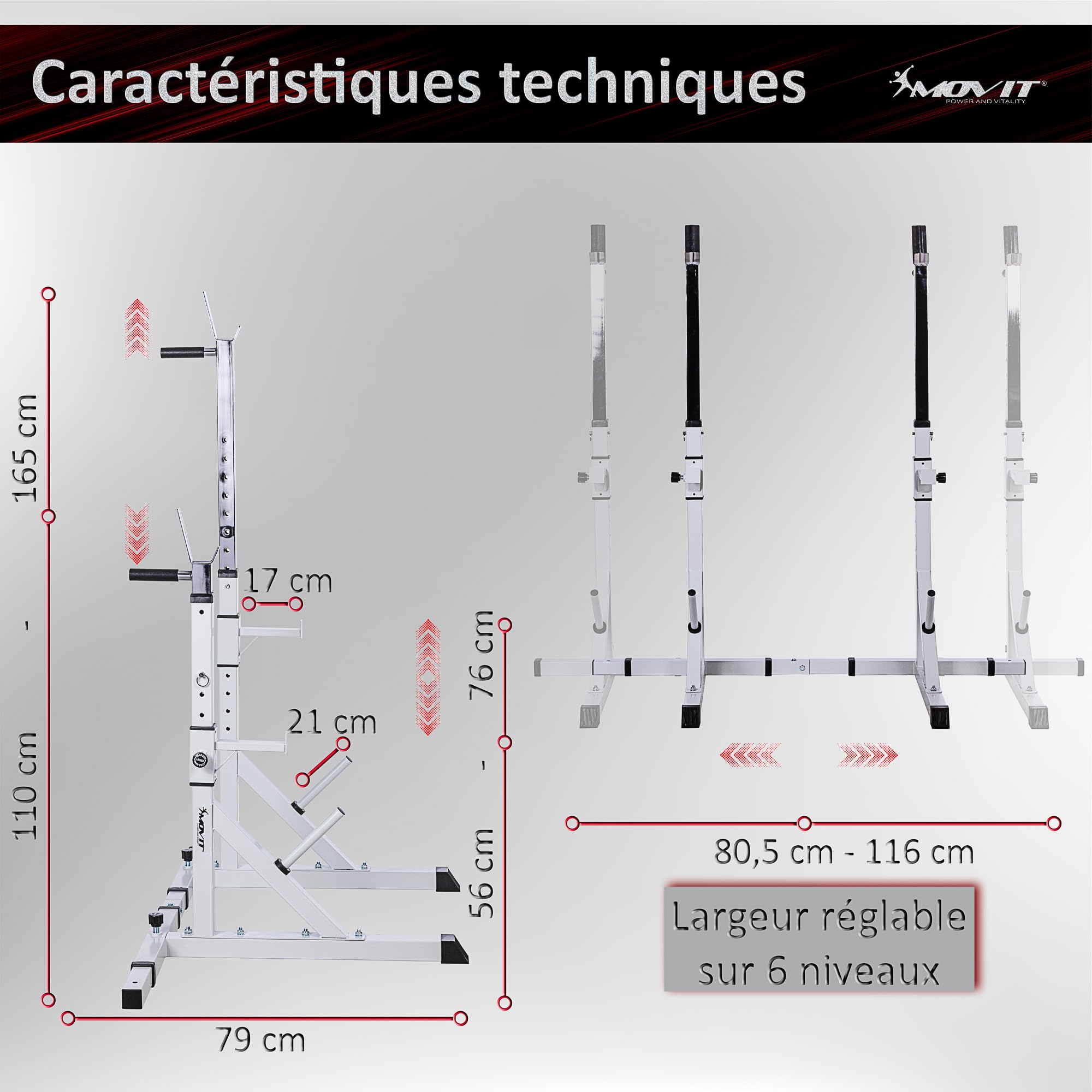 MOVIT Squat Rack Basic avec Station Dip, Hauteur et Largeur réglables, Support pour haltères Support pour haltères Appareil d'entraînement à Domicile Home-Gym, Blanc ou Noir