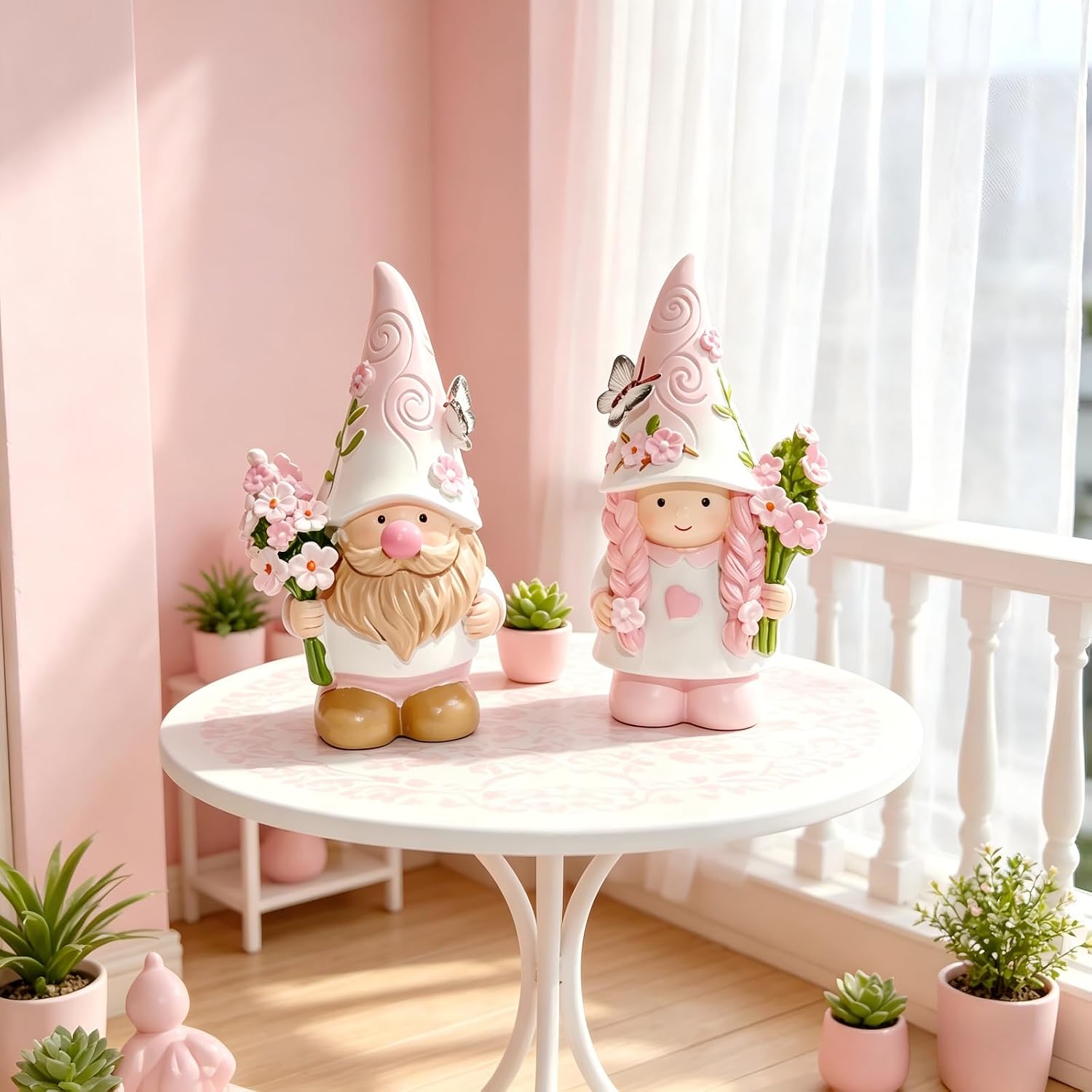 Sweetness Pink Cherry Blossom Gnome Figurines Set of 2 Cute Spring Swedish Tomte Elf Dwarf Couple Statues for Indoor Home Tiered Tray Decorations Shelf for Your Beloved Heartwarming Gift image 4