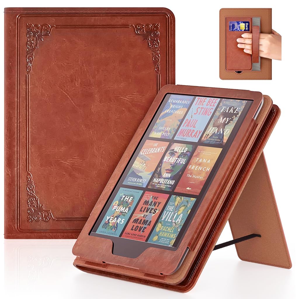 ZORBES® Compatible with Paperwhite 12th 2024, E-Reader Leather Case, Vintage Embossed Faux Leather E-Reader Cover with Hand Strap & Folding Stand, Protective Case for Kindle Paperwhite 7''