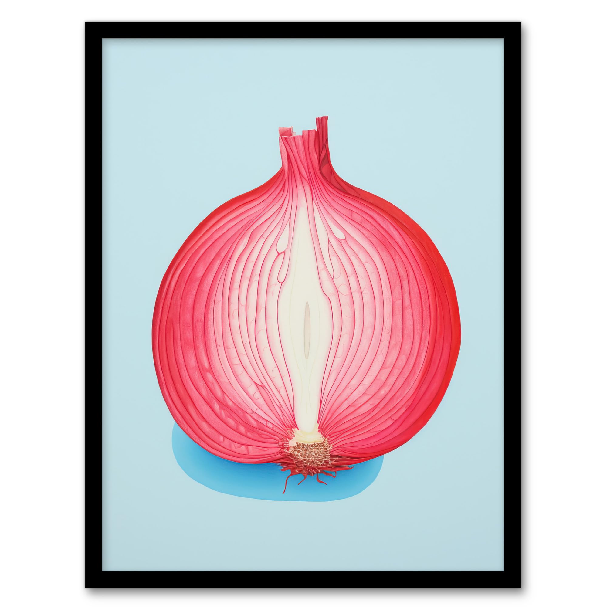 Wee Blue Coo Just Add Red Onion Kitchen Painting Cut Vegetable Pastel Colour Pink on Blue Artwork Framed Wall Art Print A4