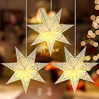 Vista 1 de 3 Piezas Faroles de Papel de Navidad de 20 Pulgadas con Forma de Estrella Decorativos de 7 Puntas de Papel Blanco con 6 Piezas de Luces LED