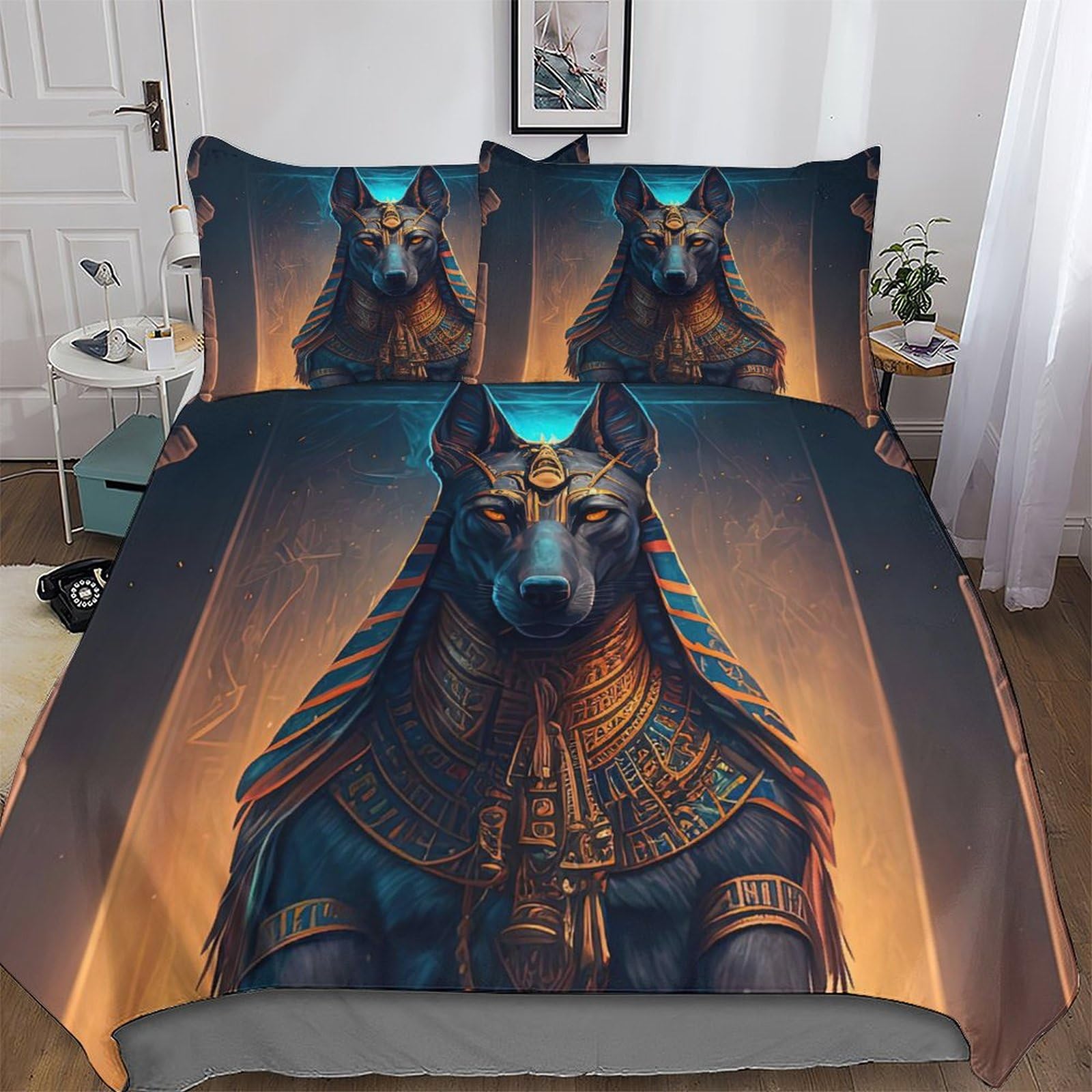 Housse de couette avec taies d'oreiller motif Anubis pour lit king 220x240cm
