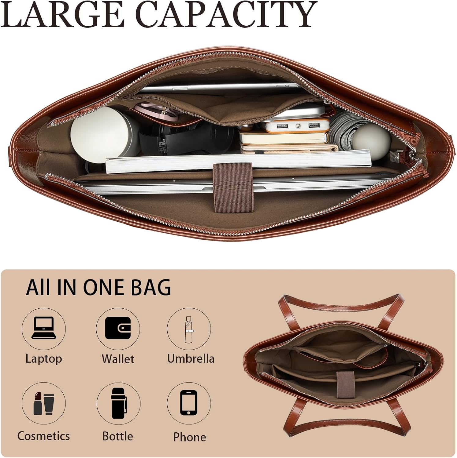 Leather Tote Bag for Women, Large Tote Purses for Women, Designer Vintage Leather Totes Handbags with Multi Pockets - Image 4