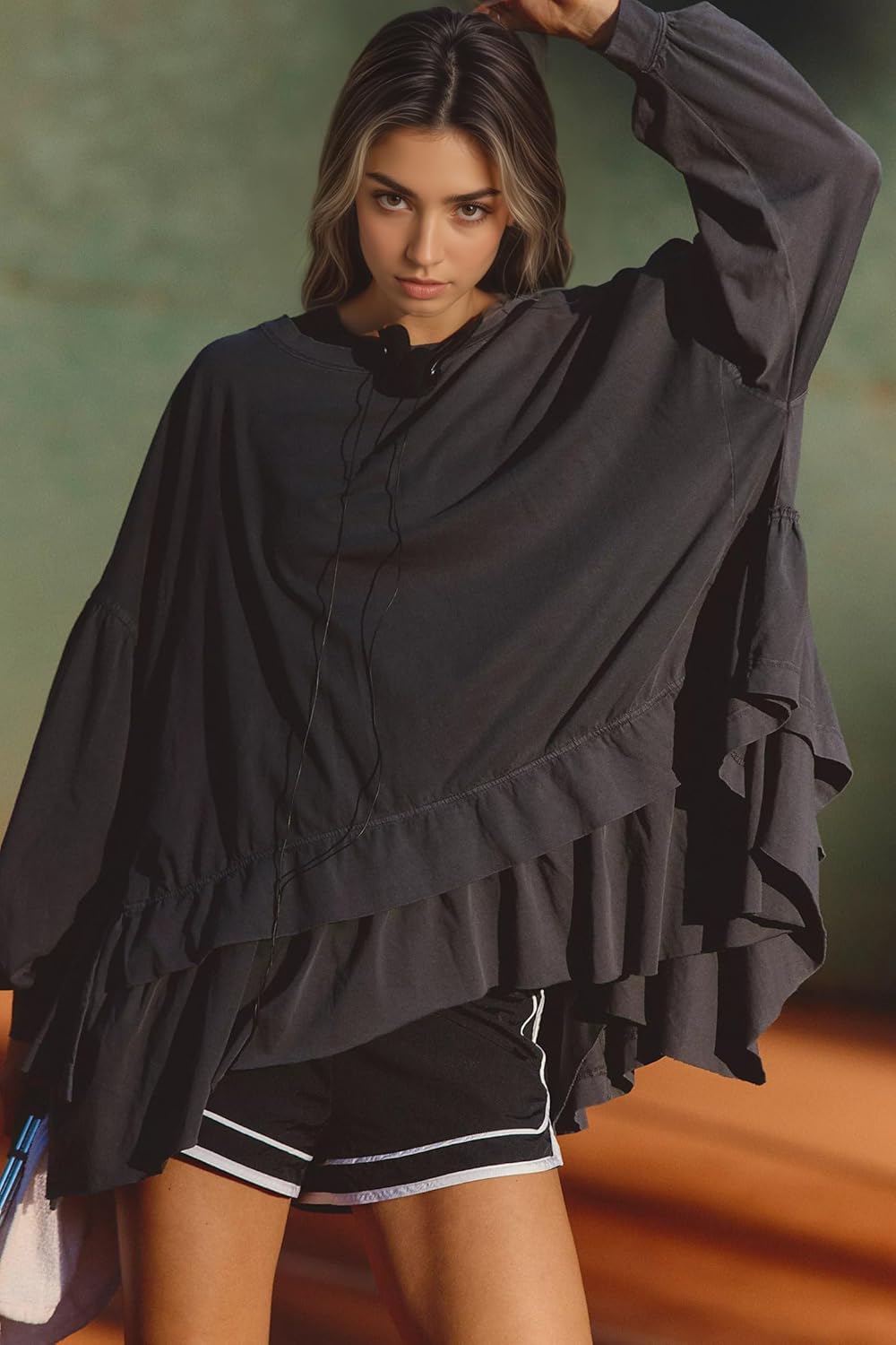 Ythomm Womens Layered Ruffle Hem Sweatshirt Oversized Scoop Neck Long Sleeve Drop Shoulder Pullover Tiered Peplum Tops - Image 2