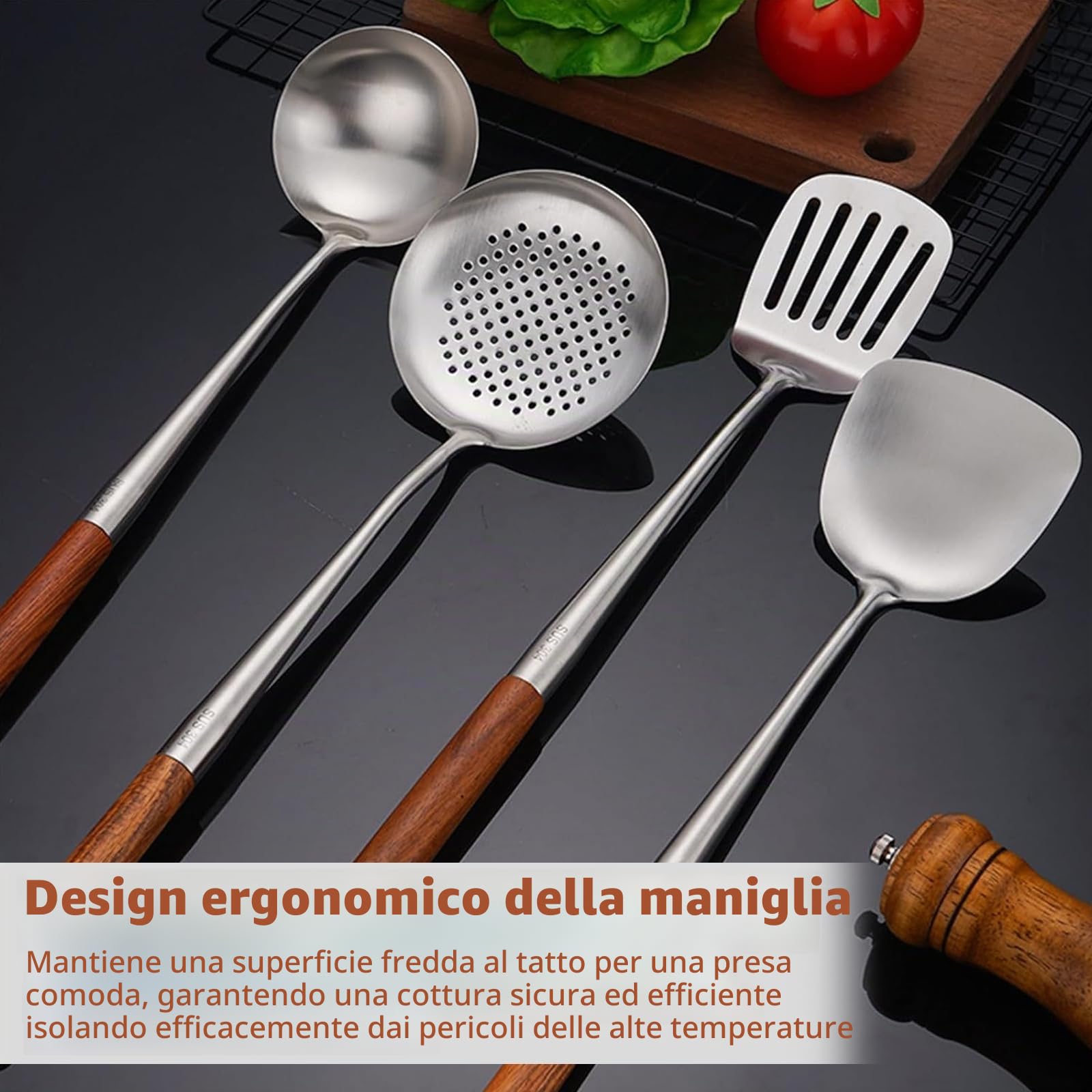 Set Utensili Cucina 6 Pezzi, Mestoli Cucina Acciaio Inox con Mestolo, Schiumarola, Tornitore Con Intaglio, Paletta Cucina, Mestolo da Zuppa, Server per Pasta (Manico In Legno)