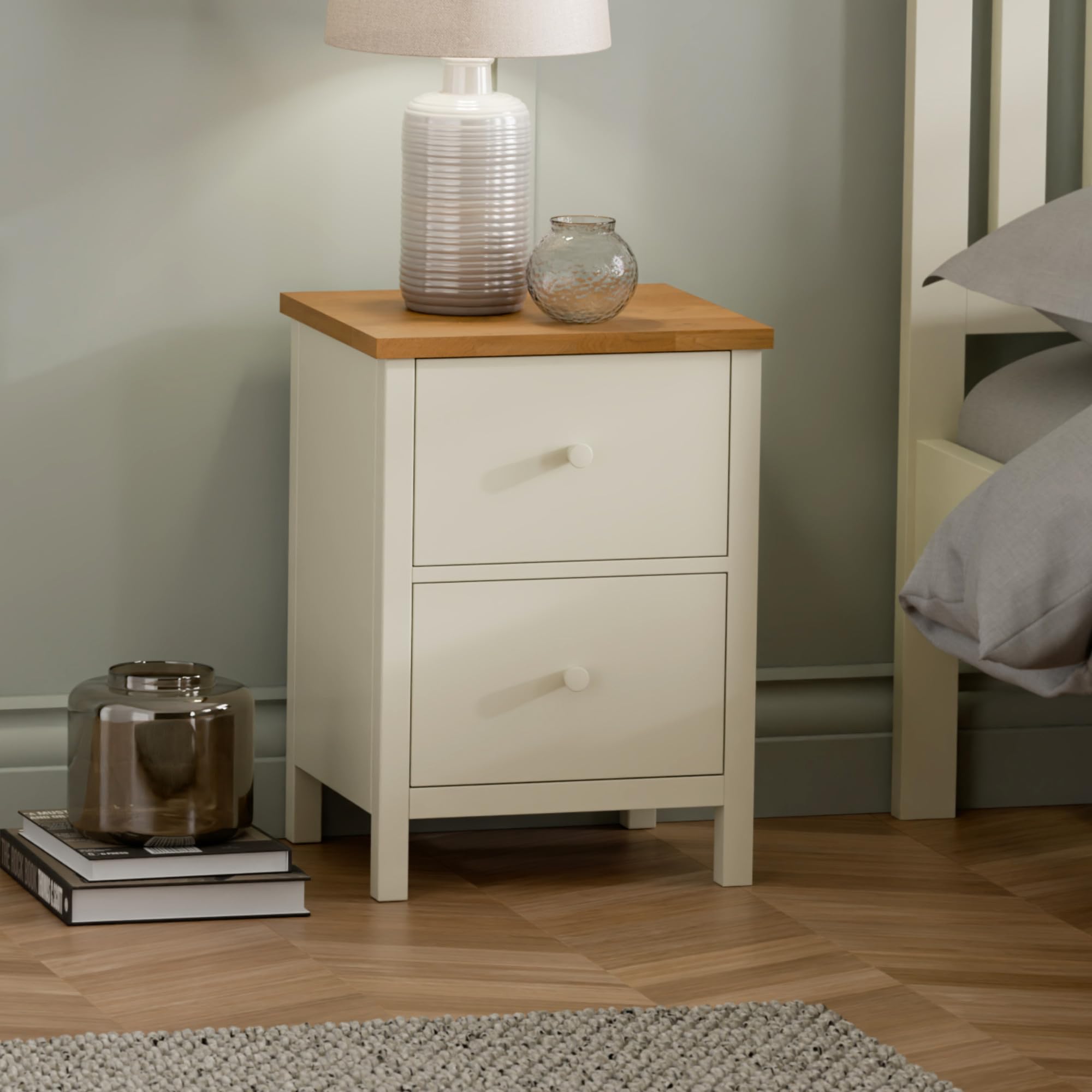 Julian Bowen Coxmoor Bedside Table – 2 Drawer Wood Nightstand, Rustic Cream End Table for Bedroom and Living Room, 55x35cm – Ivory and Oak