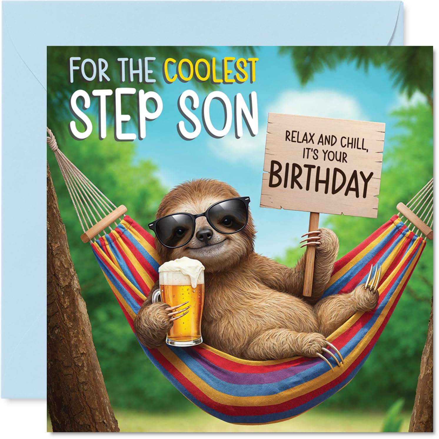 Step Son Birthday Card - Chilled Out Sloth - Happy Birthday Card for Step Son from Dad Mum, 145mm Bright and Colourful Bday Greeting Cards