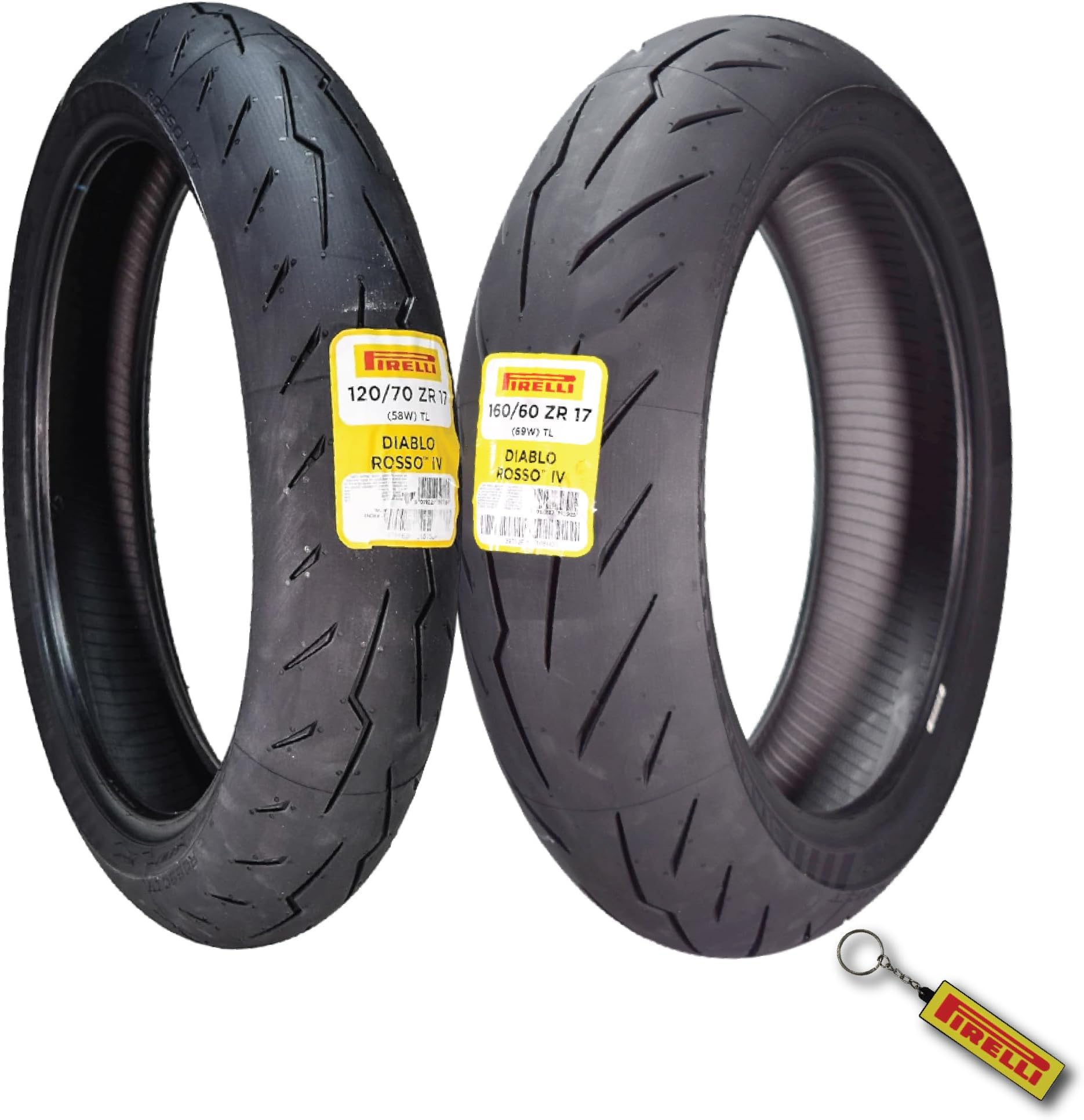 Pirelli Diablo Rosso IV 120/70 ZR 17 M/C Front & 160/60 ZR 17 M/C TL Rear Motorcycle Tire Set - High Performance, Durable for Super Sport Bikes with Keychain
