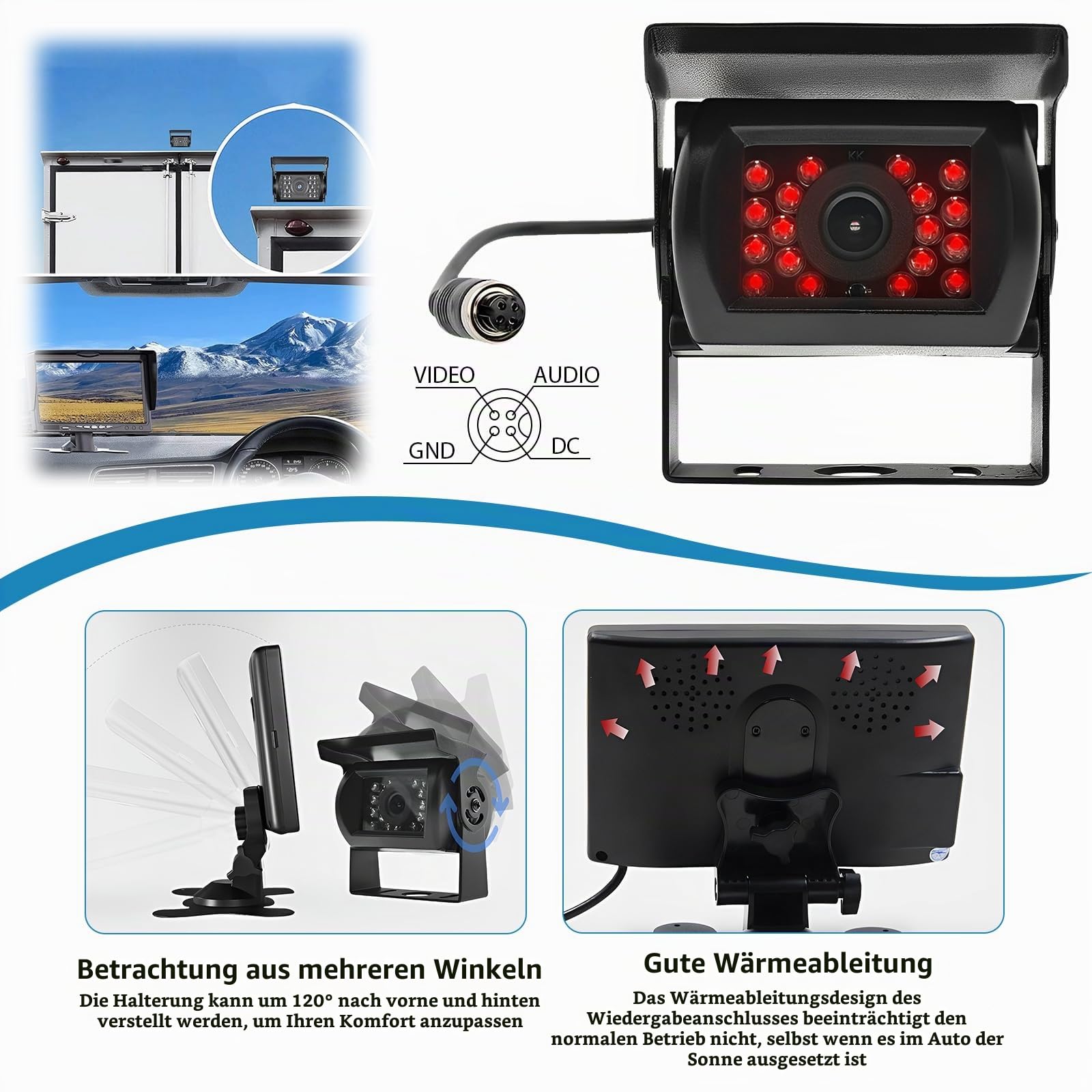 Rückfahrkamera Set mit Kabel 7" LCD Monitor, Nachtsicht Auto Backup-Kamera