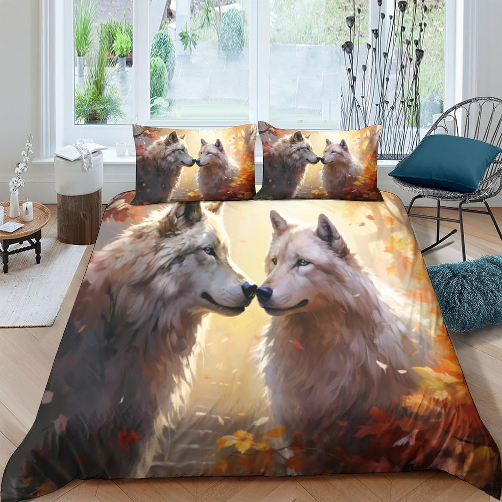 Housse de couette loup 3D 200x200 parure de lit microfbre 3 pièces