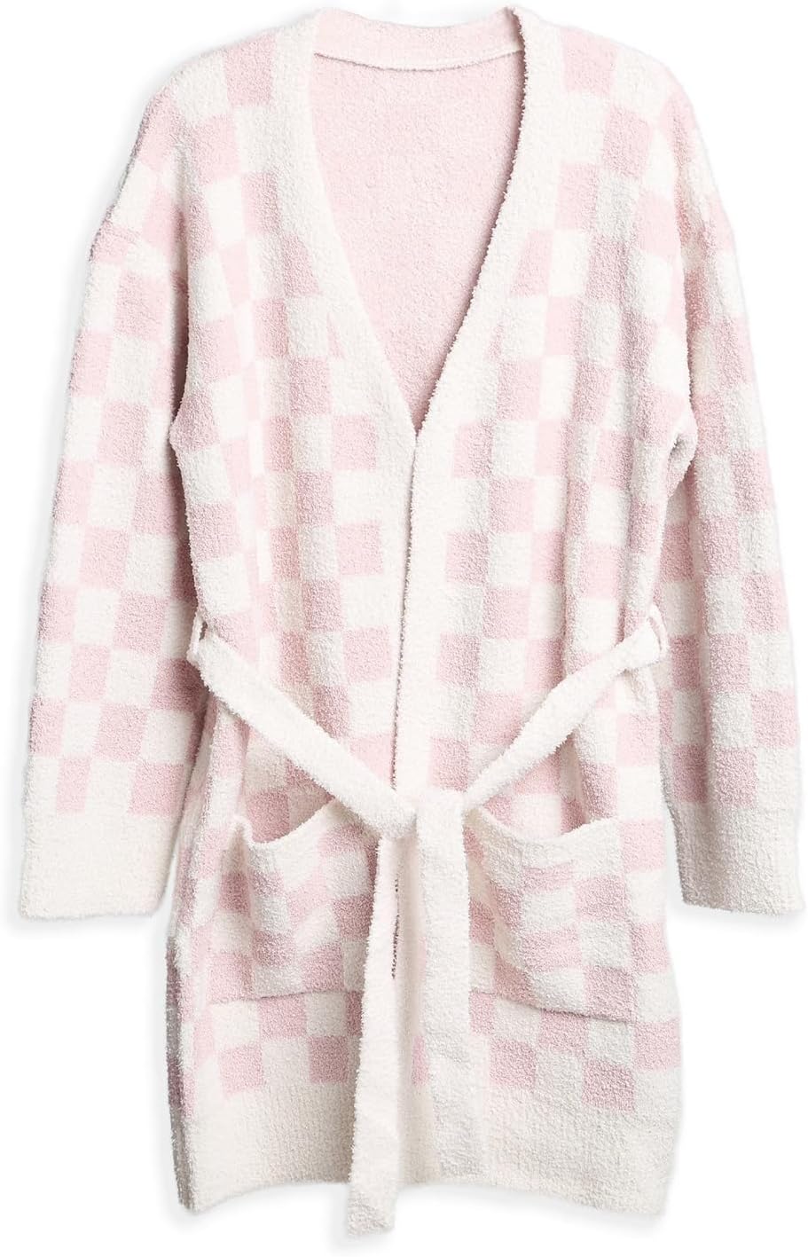 Womens Checkered Robe Soft Plush Bathrobe Soft Luxury Spa Robe with Belt Pockets Long House Loungewear Coat - Image 4