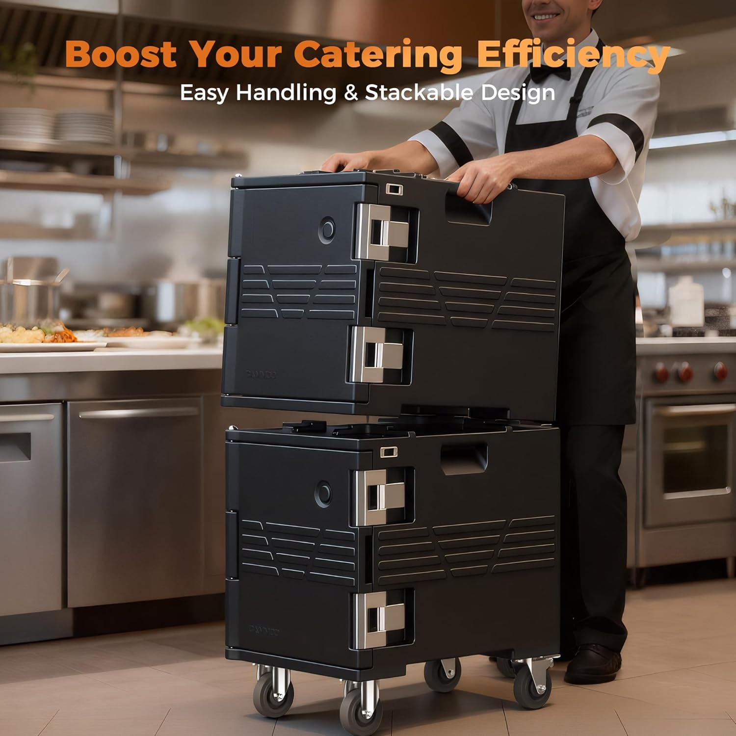CAMMOO 82qt Catering Food Warmers with Swivel Casters 304 Stainless Steel Latch & Door Shaft, Insulated Food Carrier Non-Electrical Hot Box for 5 Full-Size Pans(NOT Included), Hot Boxes for Catering