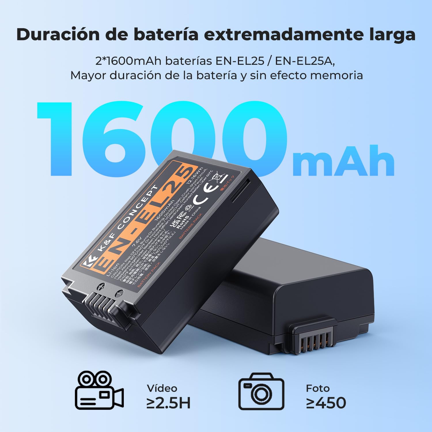 K&F CONCEPT EN-EL25 1350mAh 2 Pack Batería Compatible con Nikon Z50 II, Z30, Z50, Zfc de Repuesto para Cámara y Cargador de Doble Ranura para Monitor LCD