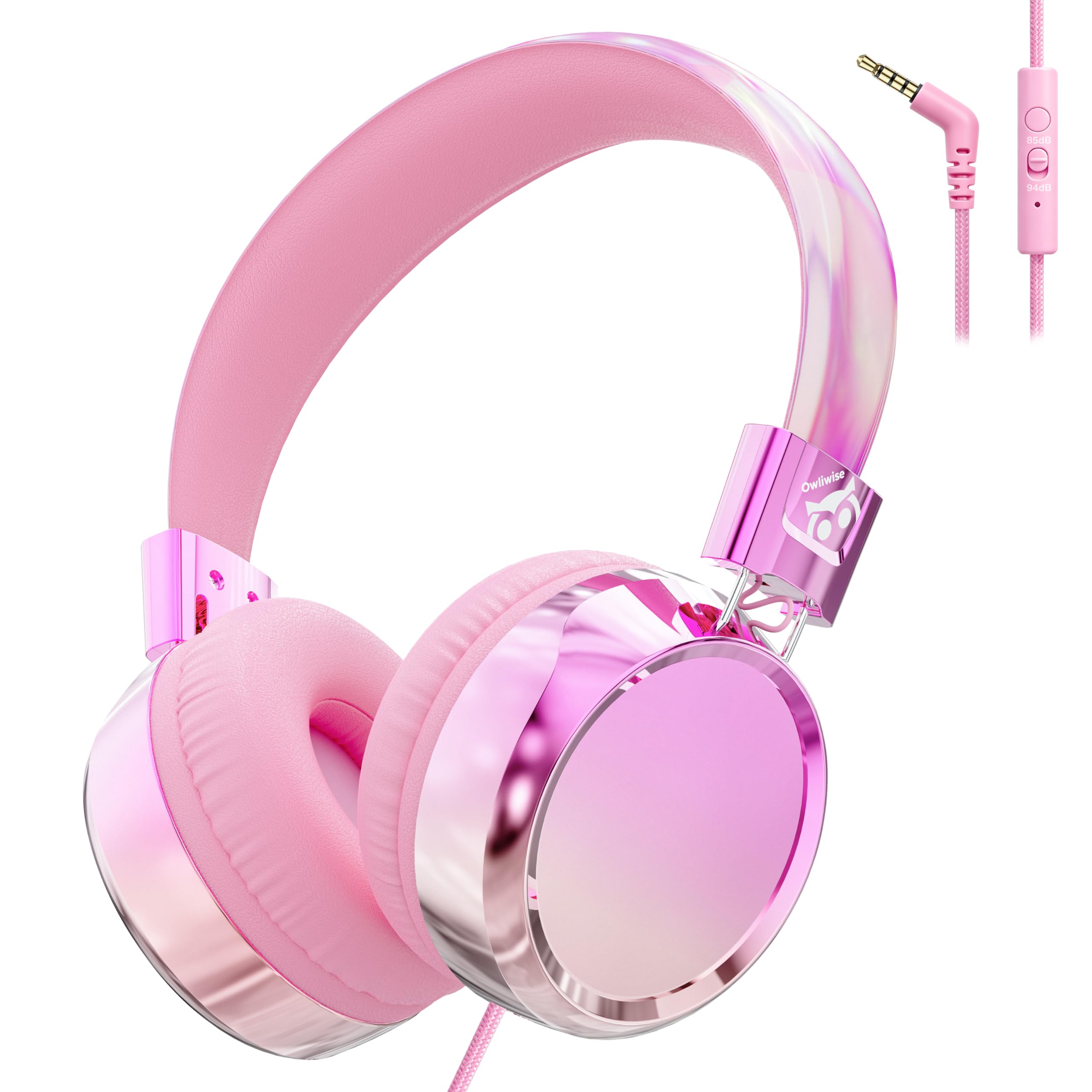 Owliwise Kids Headphones for School Travel, Safe 85/94dB Volume Limiter, HD Microphone, Over-Ear Foldable Headphones for Kids, Boys Girls, 3.5mm Wired for iPad Cord Tablet Computer, Aura Series