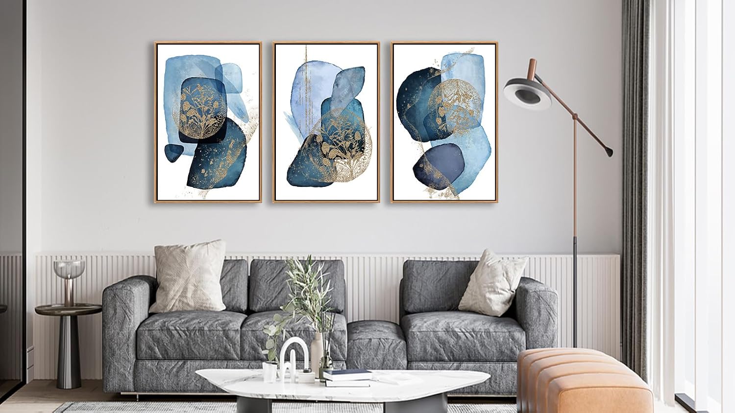Shoci Large Framed Abstract Blue and Navy Color Blocks on White Canvas Wall Art Modern Gold Botanical Picture Print Natural Float Framed Dark Blue Decor for Living Room Bedroom 16X24 Inch Set of 3
