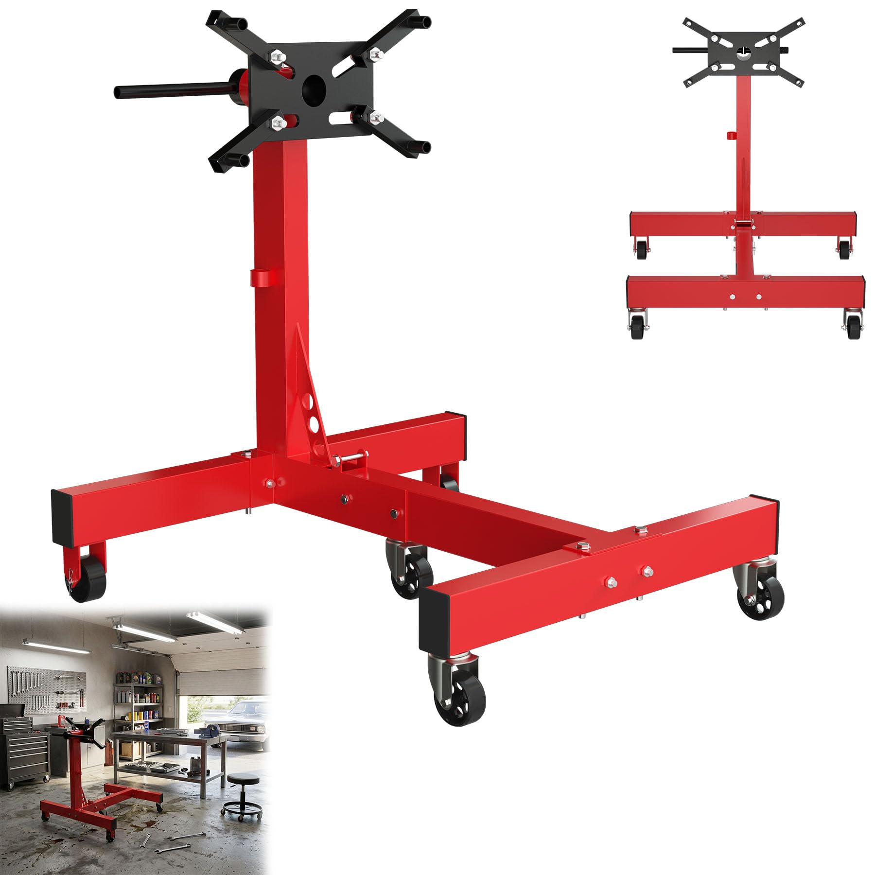 Froadp Motorständer Motorheber, Belastbar bis 680 kg, 360° Drehbar mit Haltearm, Getriebeheber Hydraulisch Stabil, Getriebehalter mit Rollen, Werkstatt Motor Reparaturständer für Auto und LKW, Rot